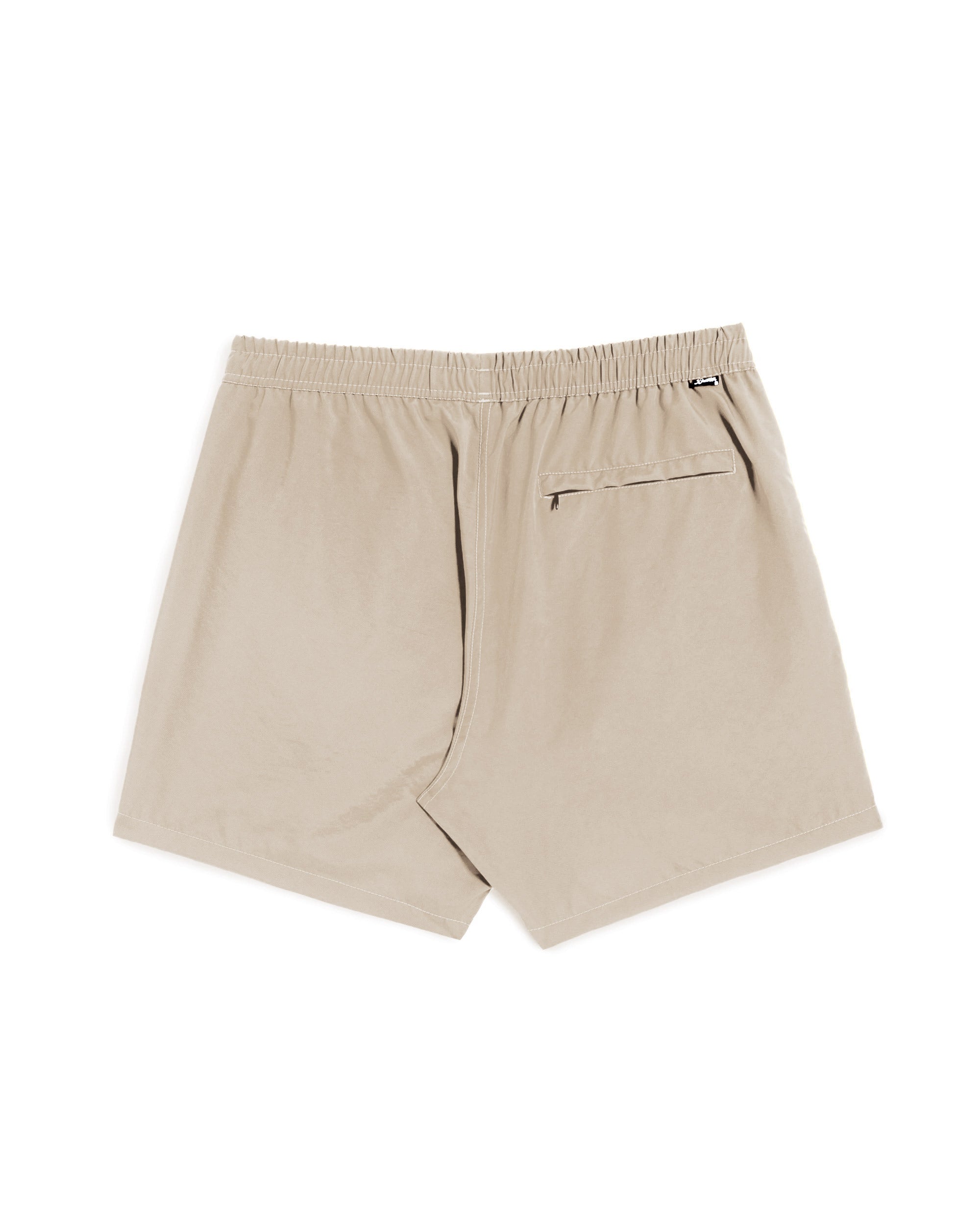 Men’s shiny beige swim trunks back view with pocket and zipper closure