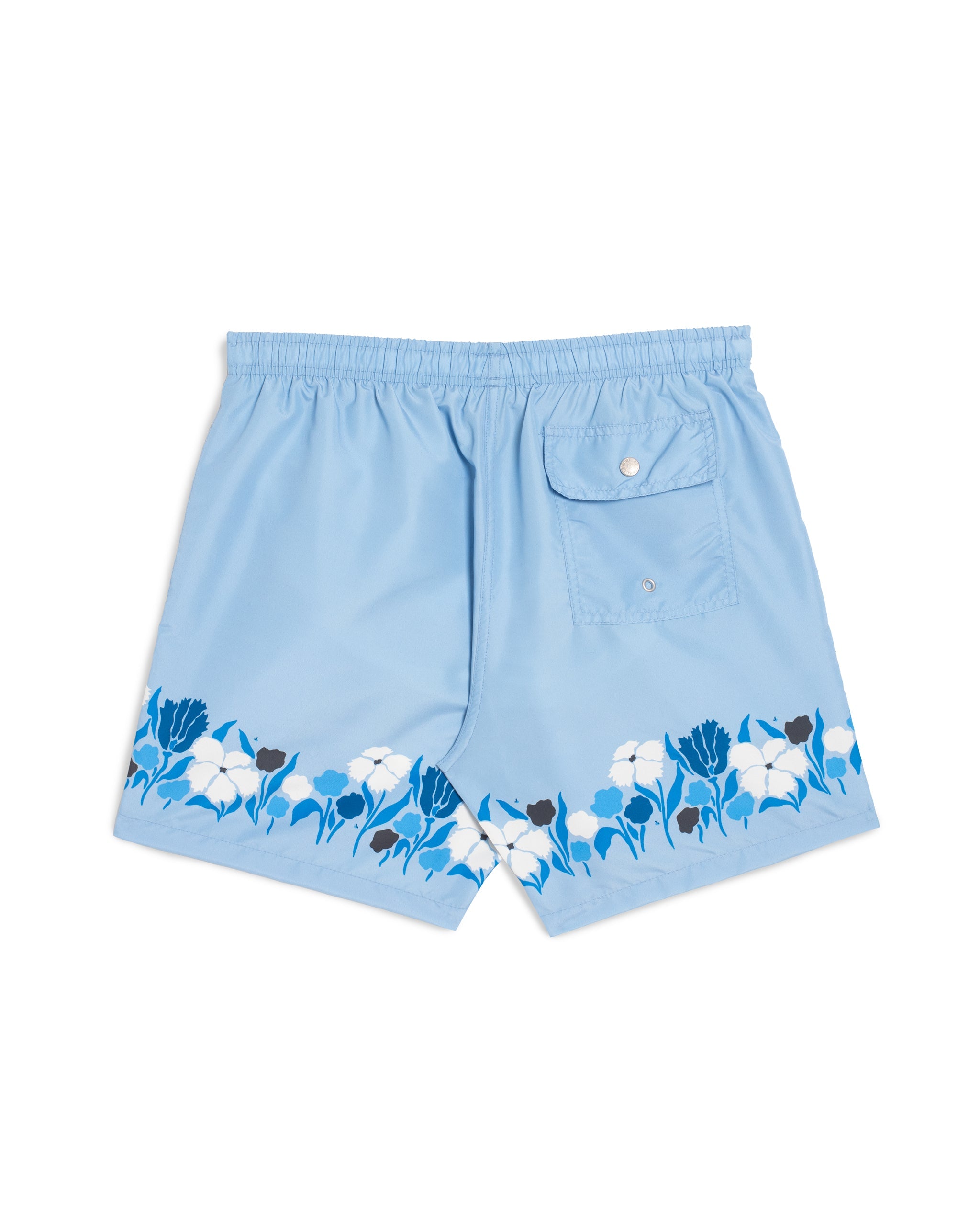 Men’s light blue swim trunks with floral border print and white drawstring 