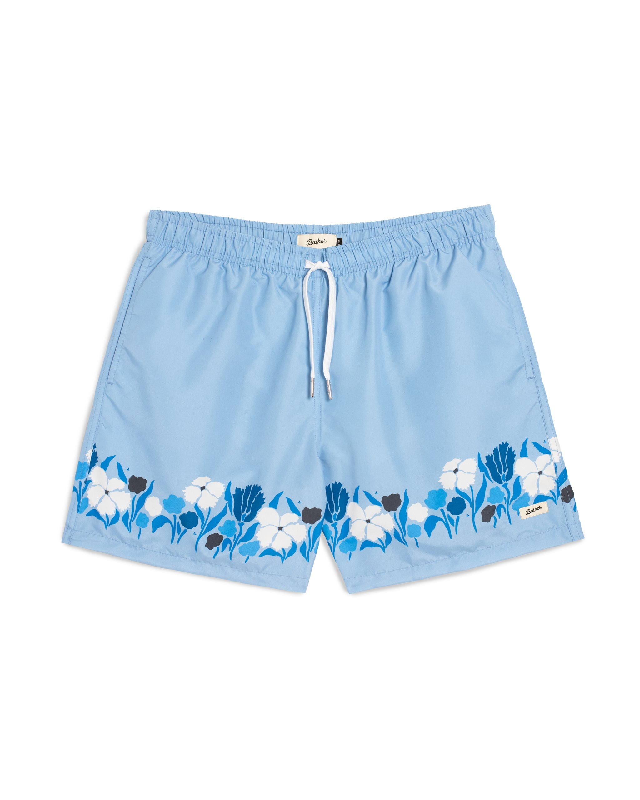 Men’s light blue swim trunks with floral border print and white drawstring 