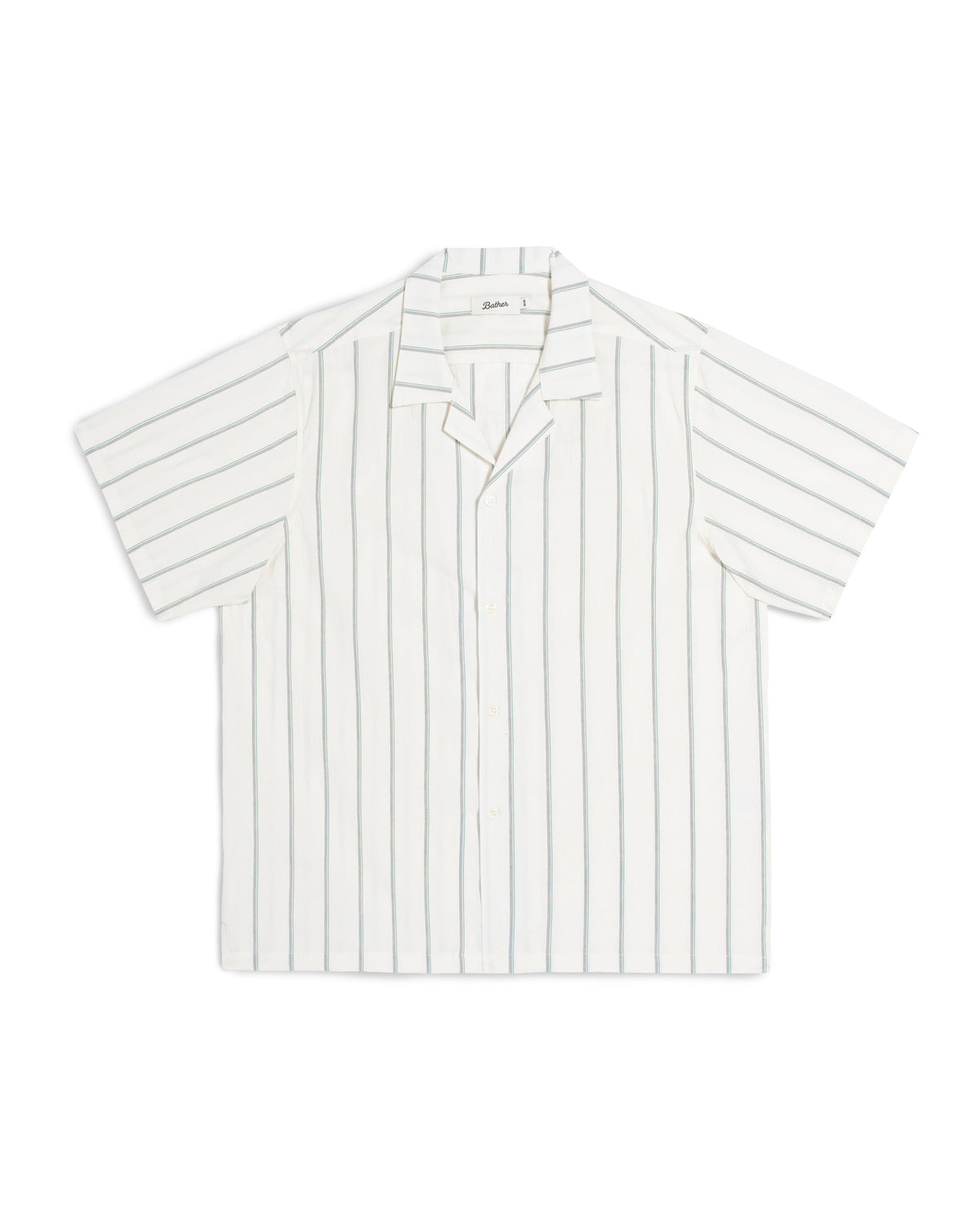 A short-sleeve button-up shirt with vertical pinstripes in white and light gray, laid flat against a solid white background.