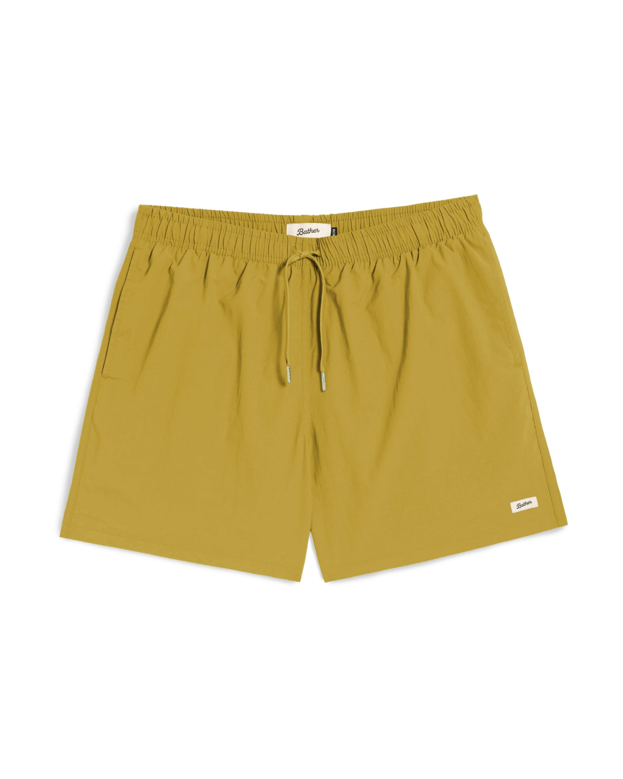 Men’s mustard yellow swim trunks with elastic waistband and drawstring