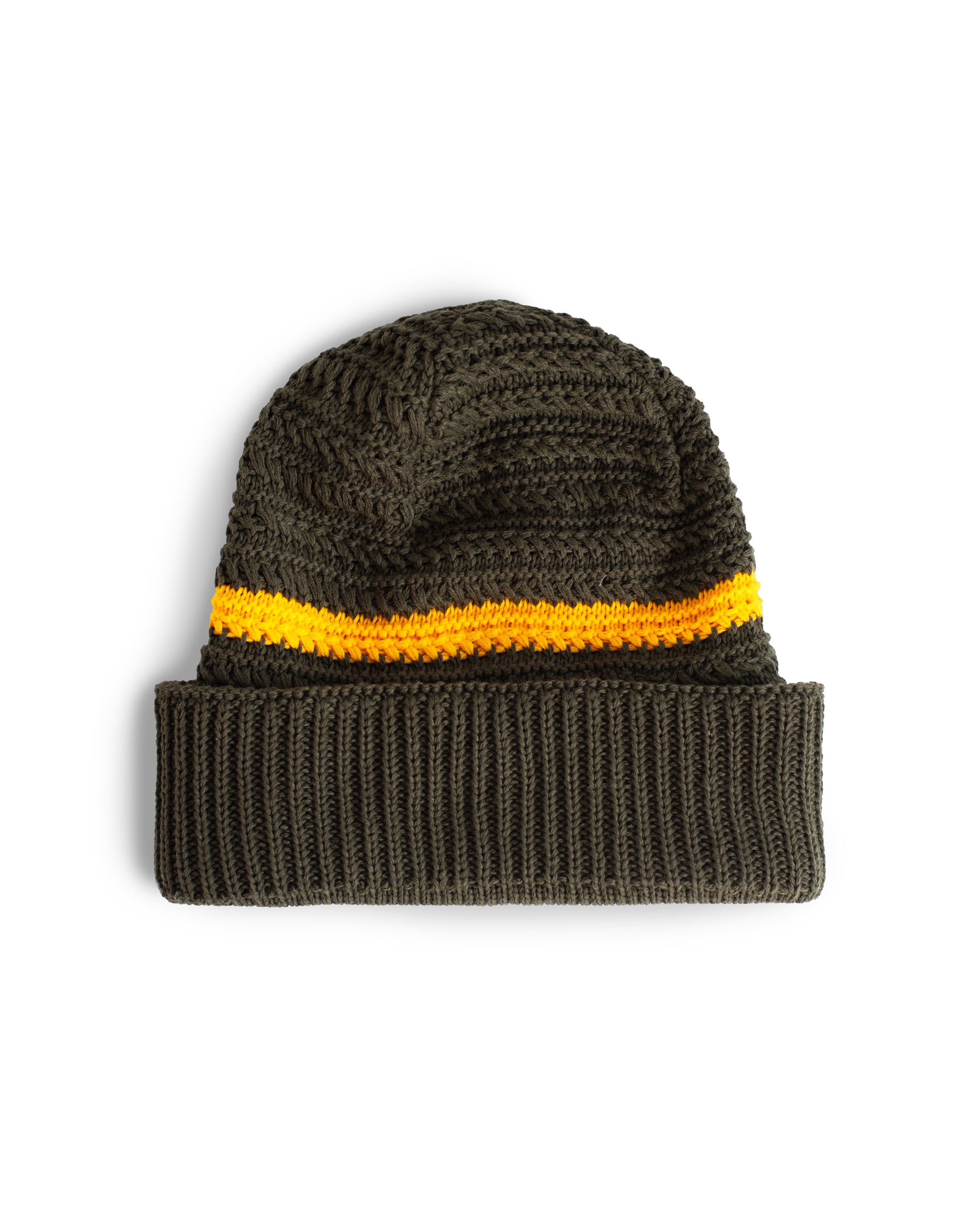 knit spruce green Bather beanie with yellow stripe and double lined band