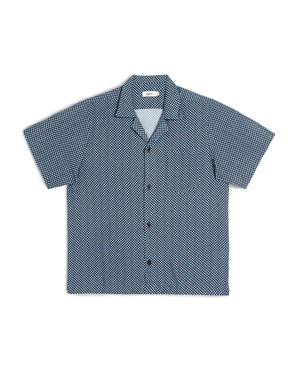 A short-sleeve button-up camp shirt with a blue and white micro-checkered pattern, laid flat against a white background.