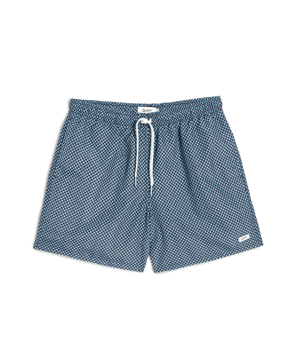 Blue and white micro-patterned swim shorts with a white drawstring, shown flat on a white background.