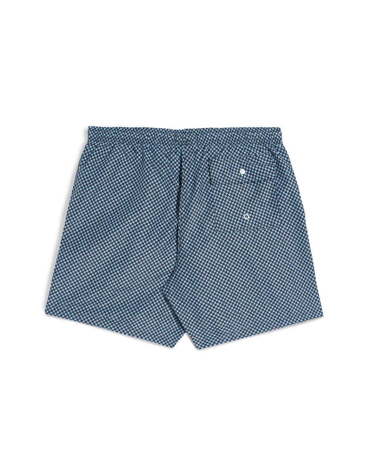 A pair of men's shorts featuring a blue and white micro-checkered pattern, displayed flat against a solid white background.