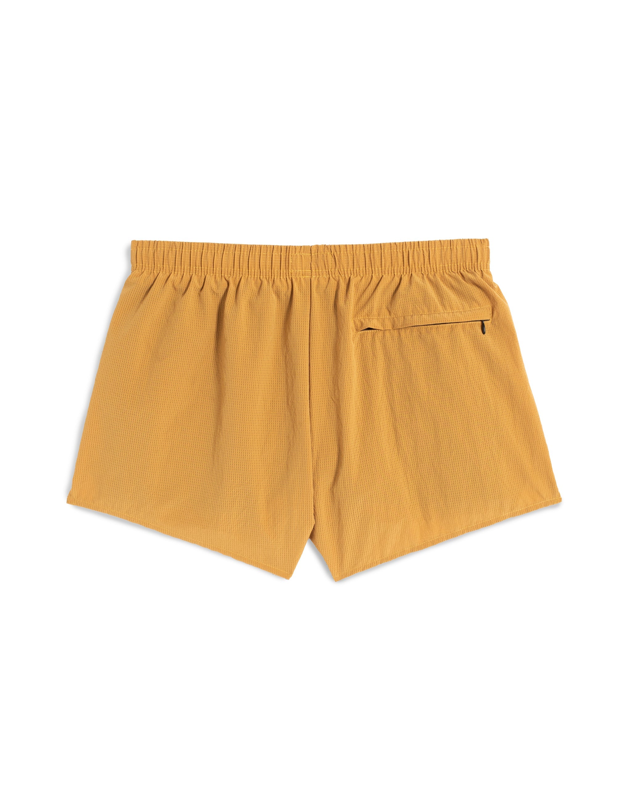 Back view of 3.5 inch inseam Bather Active Trunk in yellow featuring lightweight recycled Japanese DotAir nylon with stretch fabric and compression liner