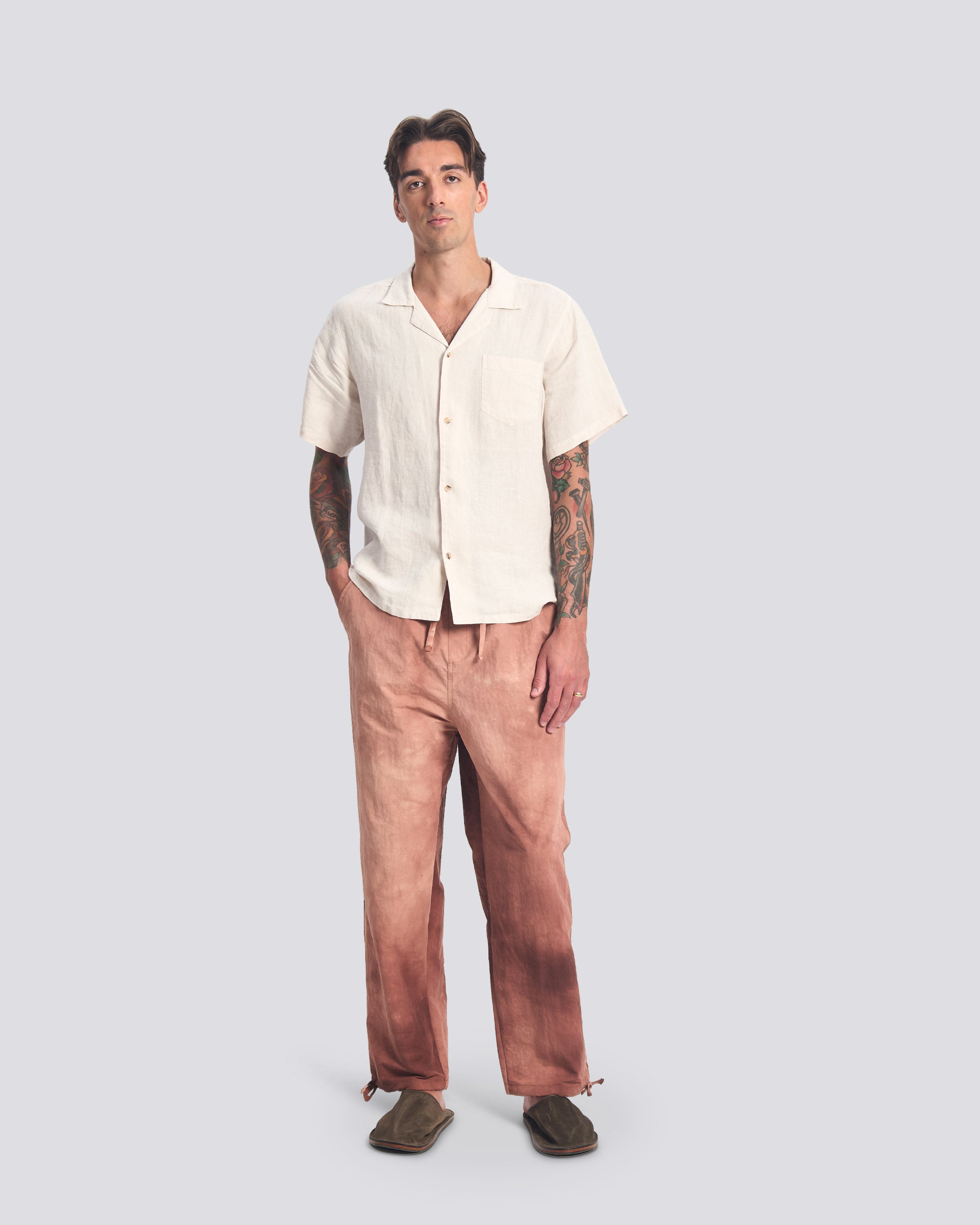 Model wearing Bather men's red tie dye pant