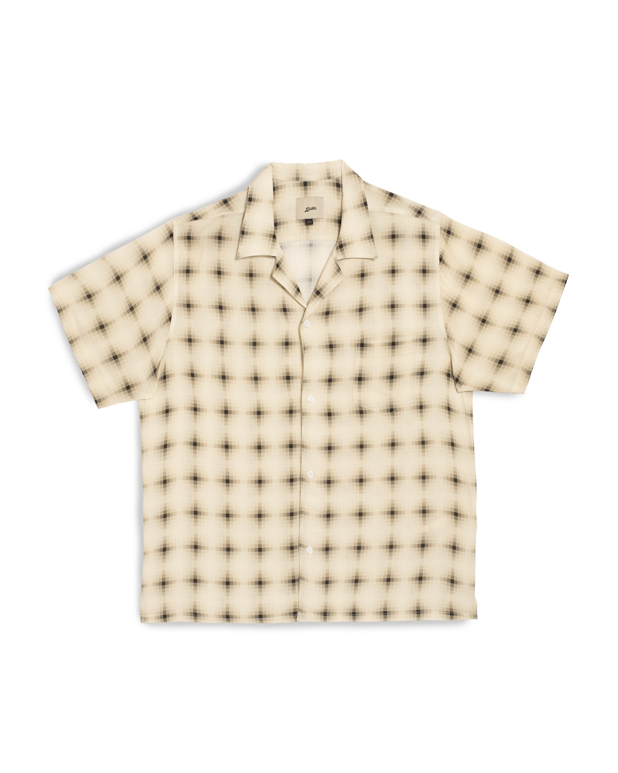 Ivory camp shirt with black digital plaid pattern