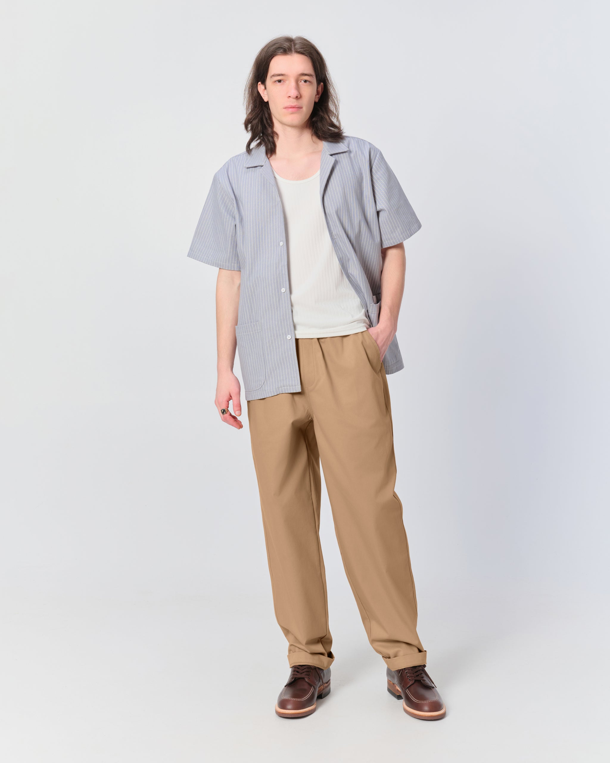 Model wearing Bather men's khaki pant