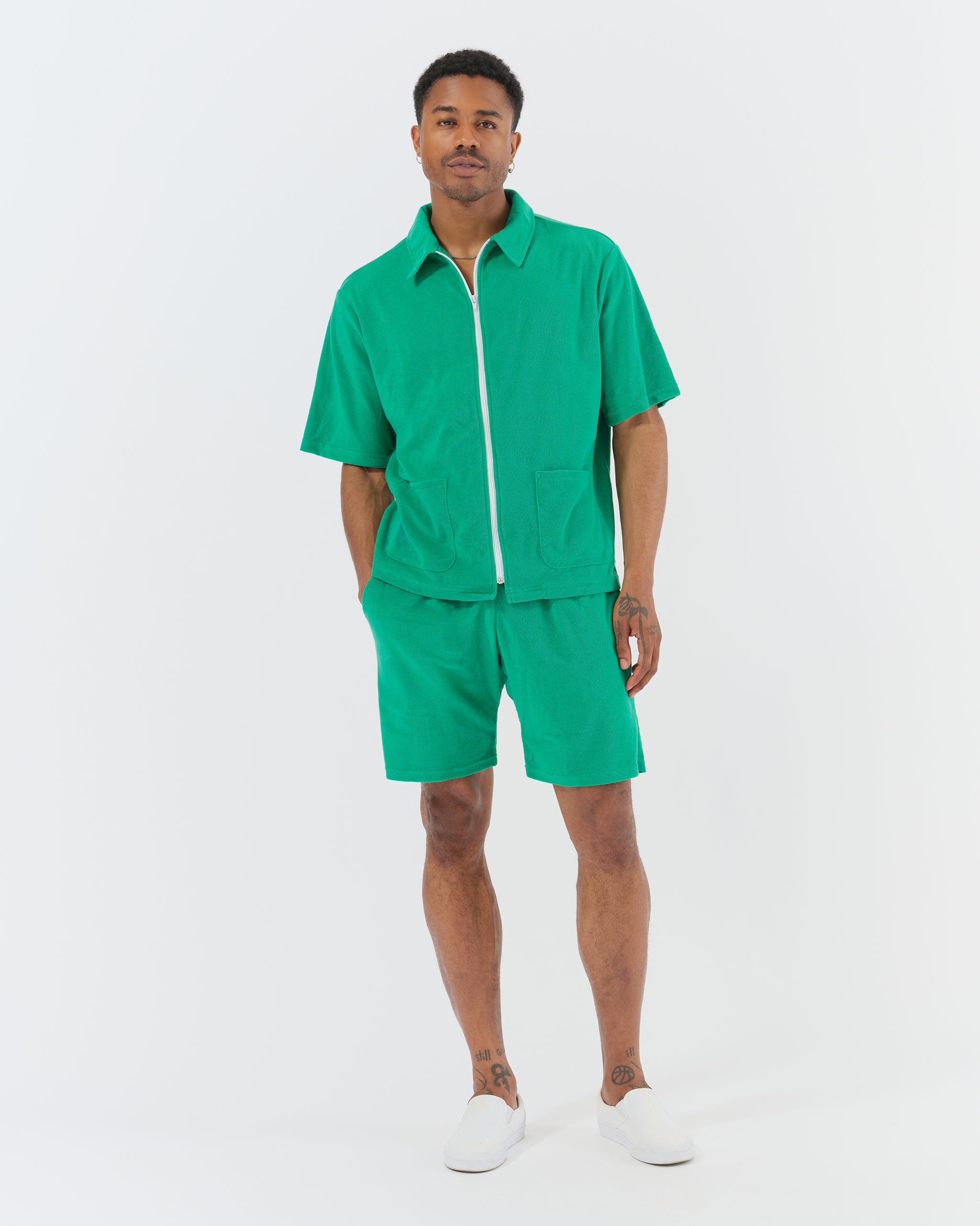 Solid Green Towel Terry Cotton Full Zip Polo Shirt on model