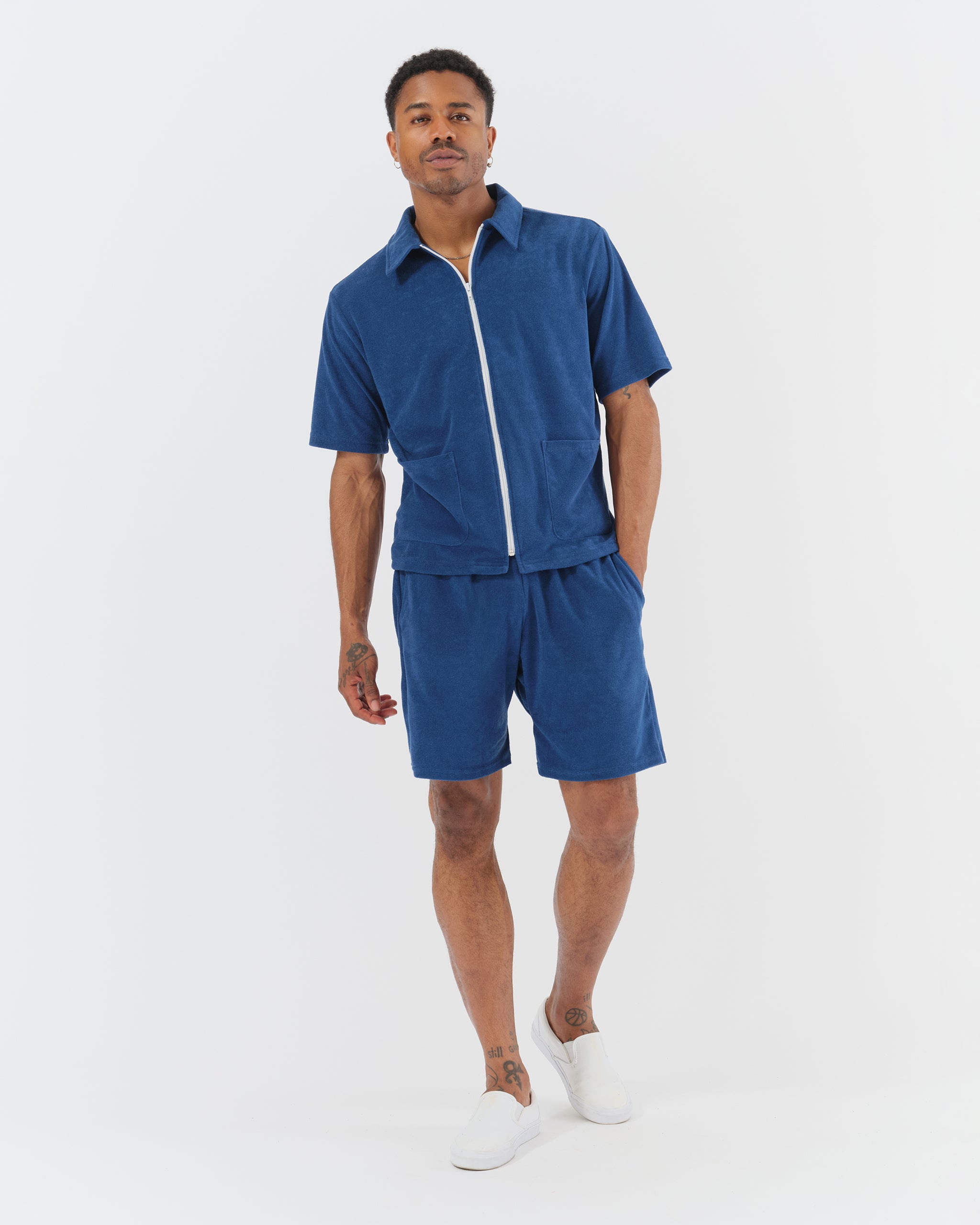 Solid Navy Towel Terry Cotton Full Zip Polo Shirt on model