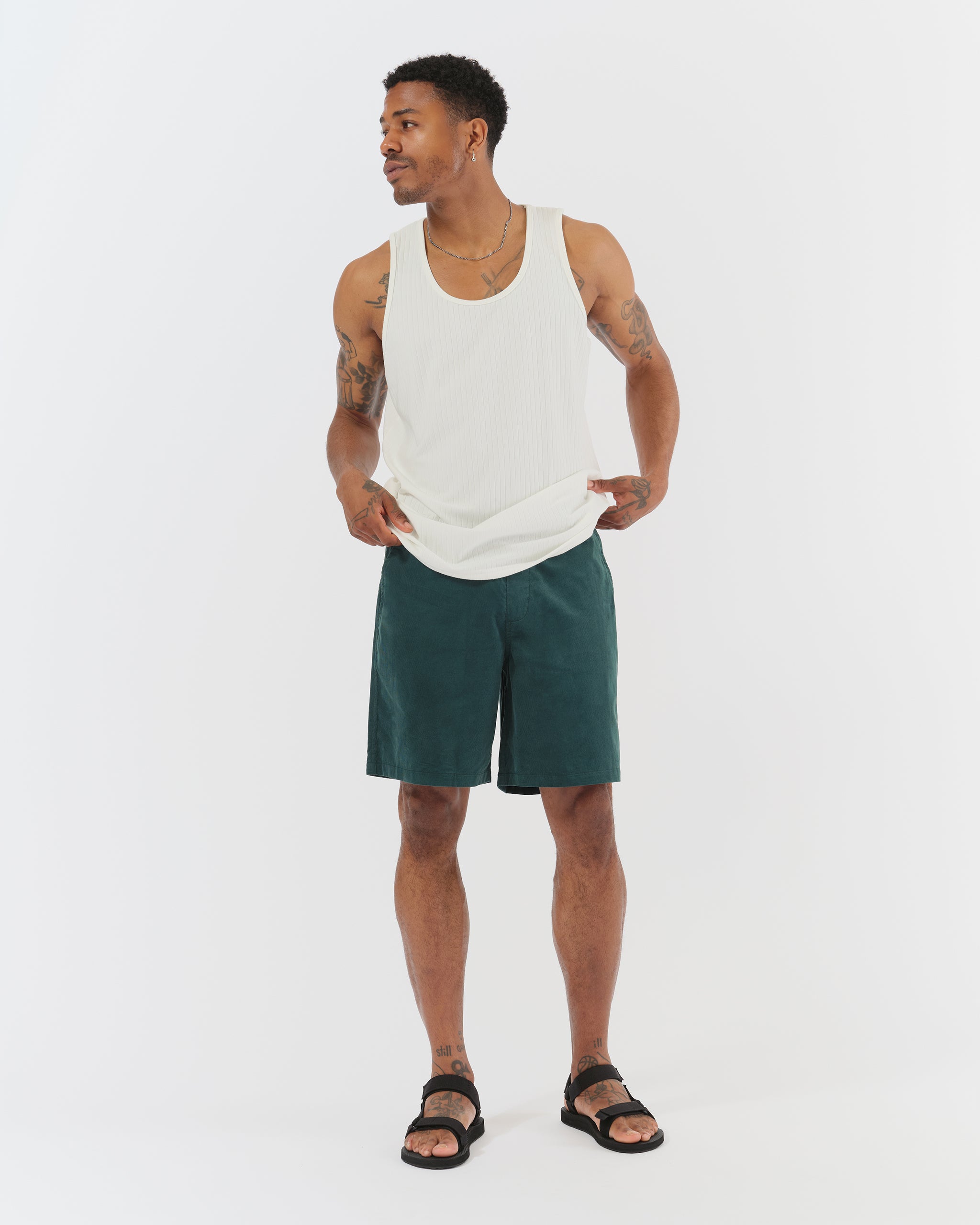 Forest Green Solid Corduroy Leisure Shorts on model