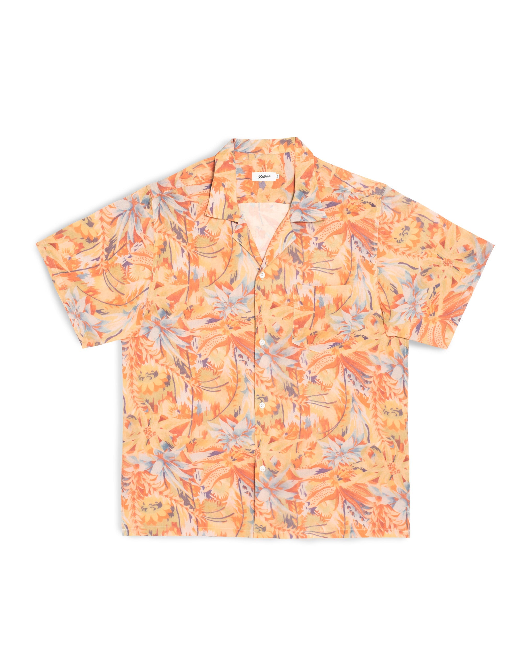 Orange floral patterned shirt on a white background