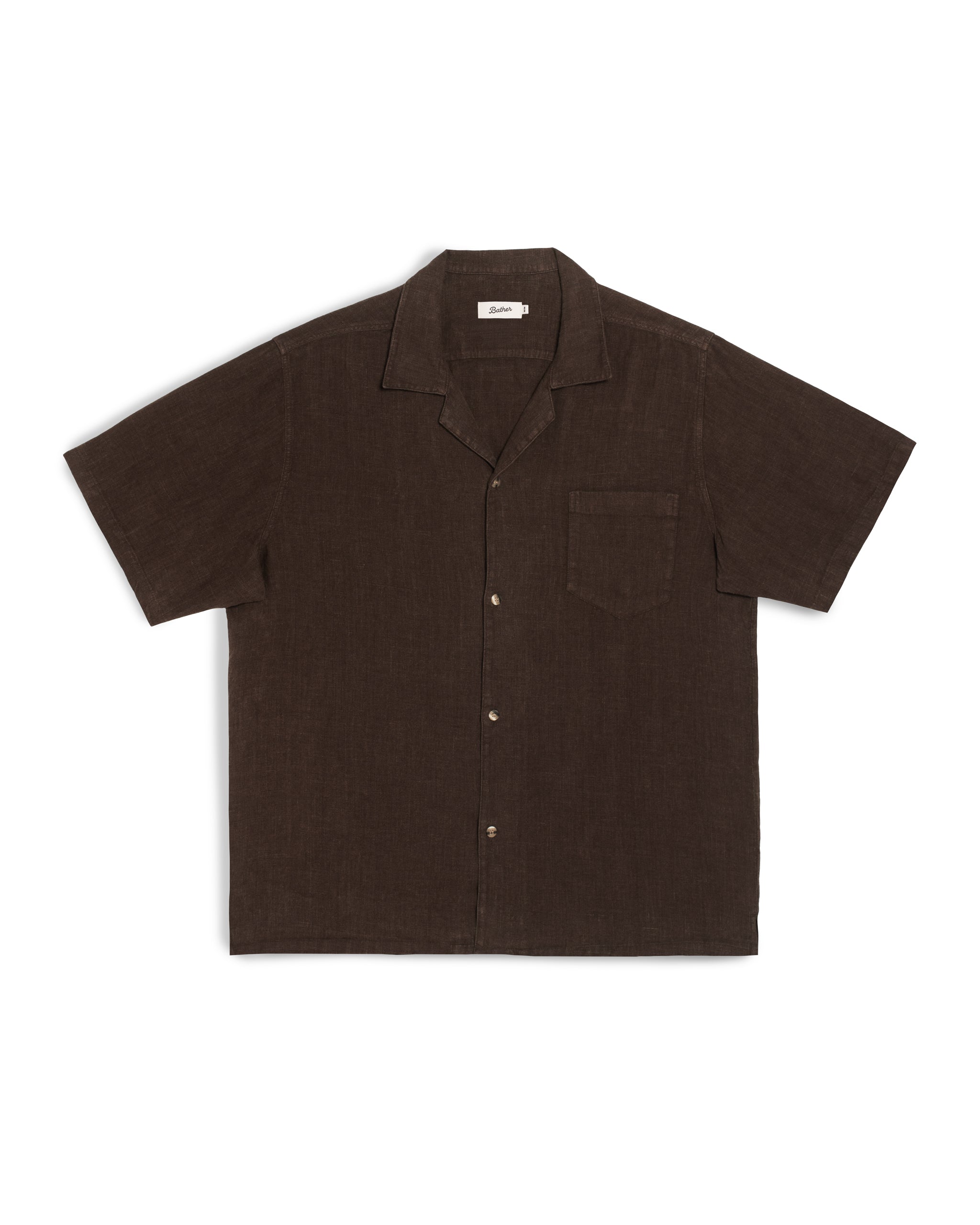 Front view of the Bather Men's Espresso Linen Camp Shirt in deep brown featuring a breathable 100% linen fabric and an open camp collar.