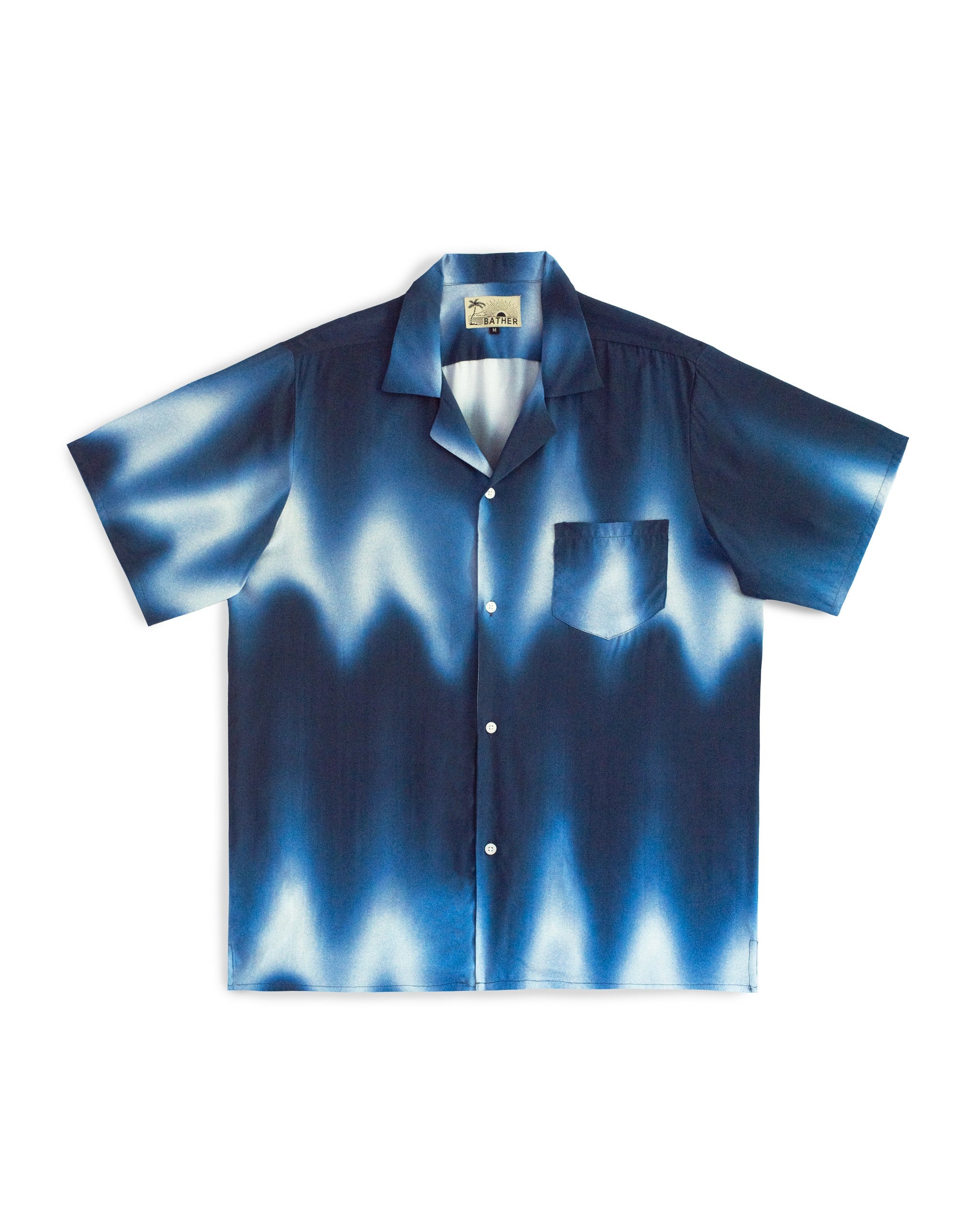 Night Afterglow Camp Shirt  with a cool sunset print in navy