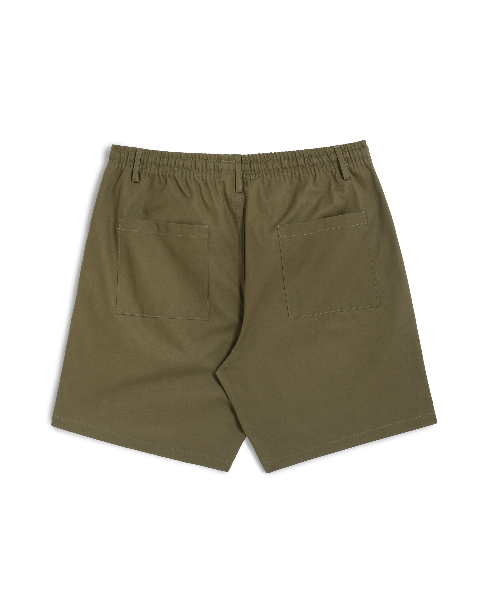 Rear view of olive green herringbone drawstring shorts with two back pockets