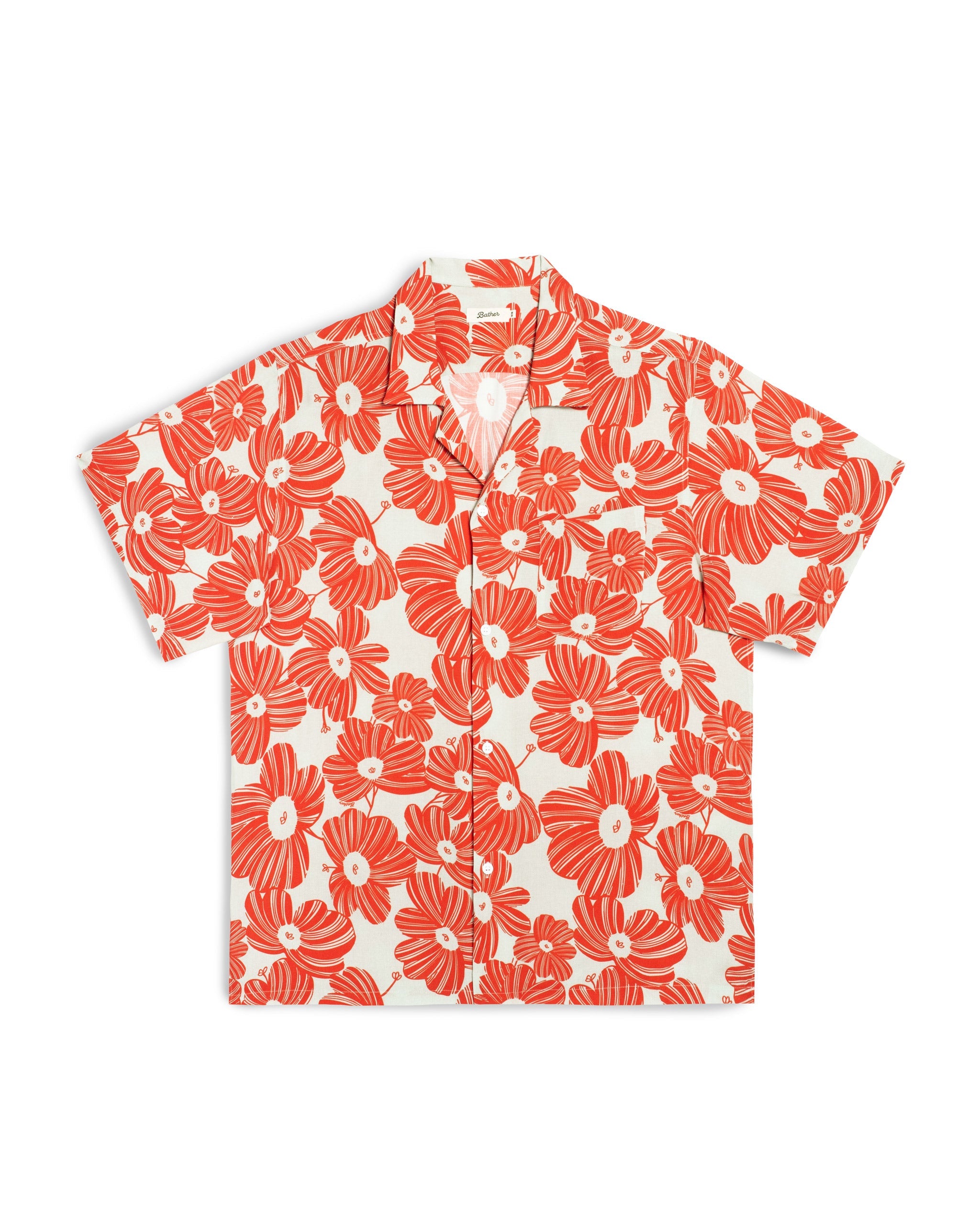 Short-sleeve shirt with red floral pattern on a white background