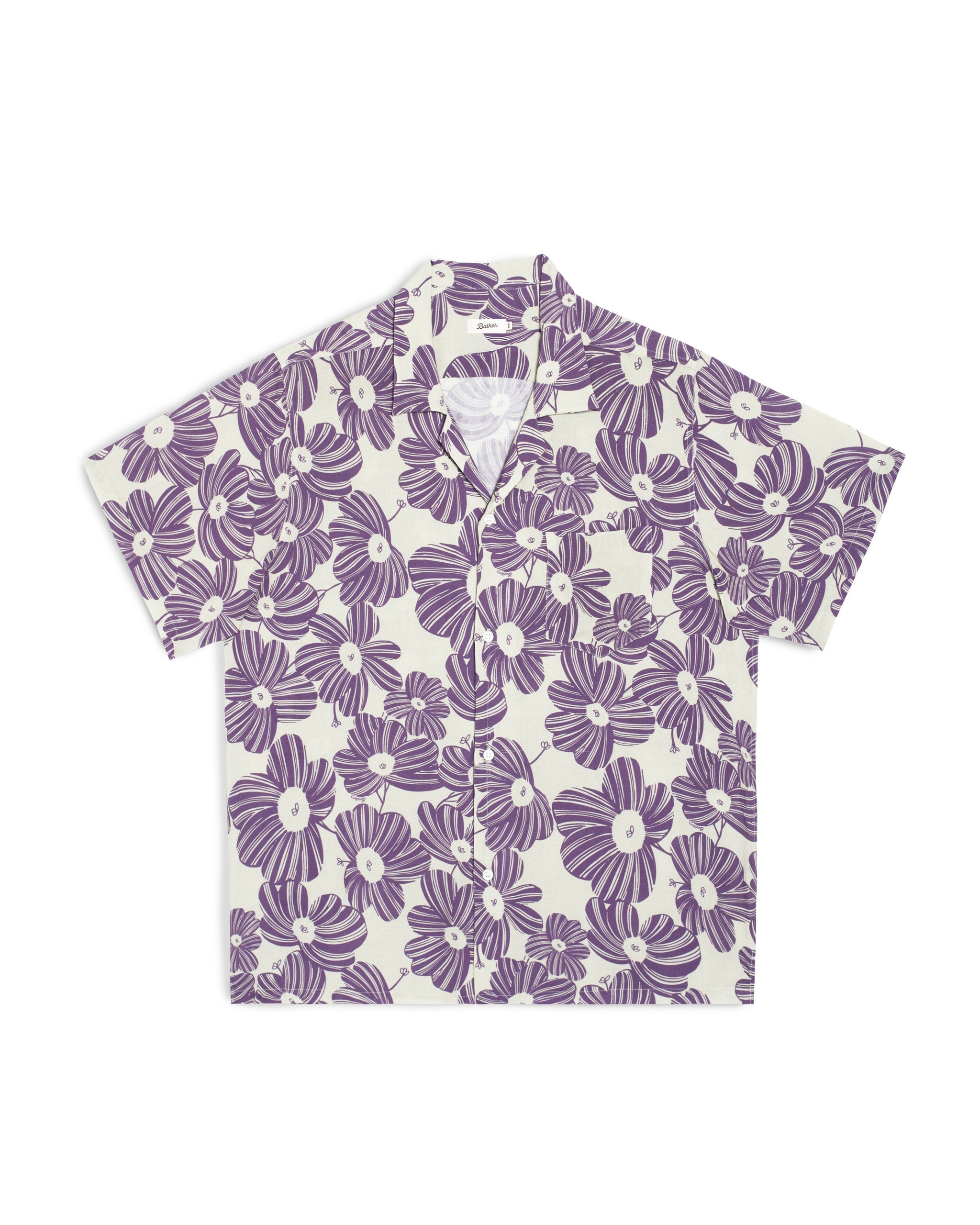 Short-sleeve shirt with purple floral pattern on a white background