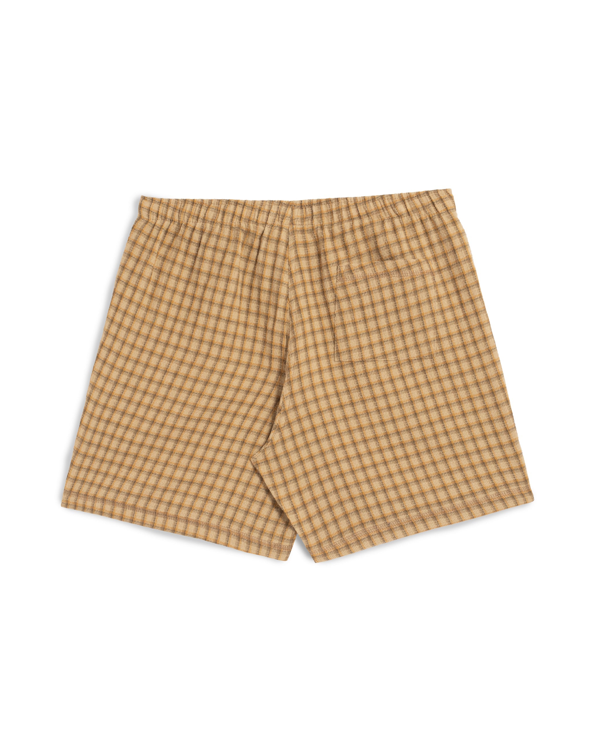 Rear view of Bather men's brown drawstring shorts with checker plaid pattern and back pocket on a white background