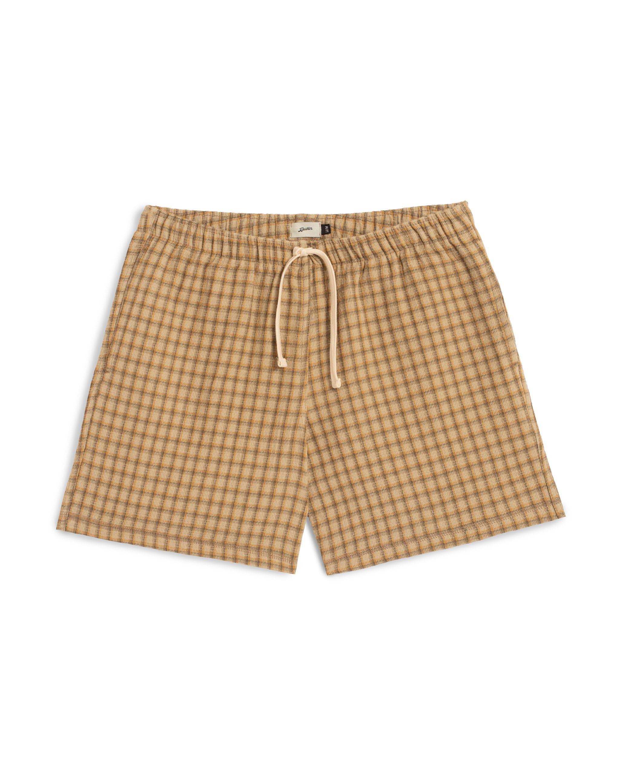 Bather men's brown drawstring shorts with checker plaid pattern on a white background