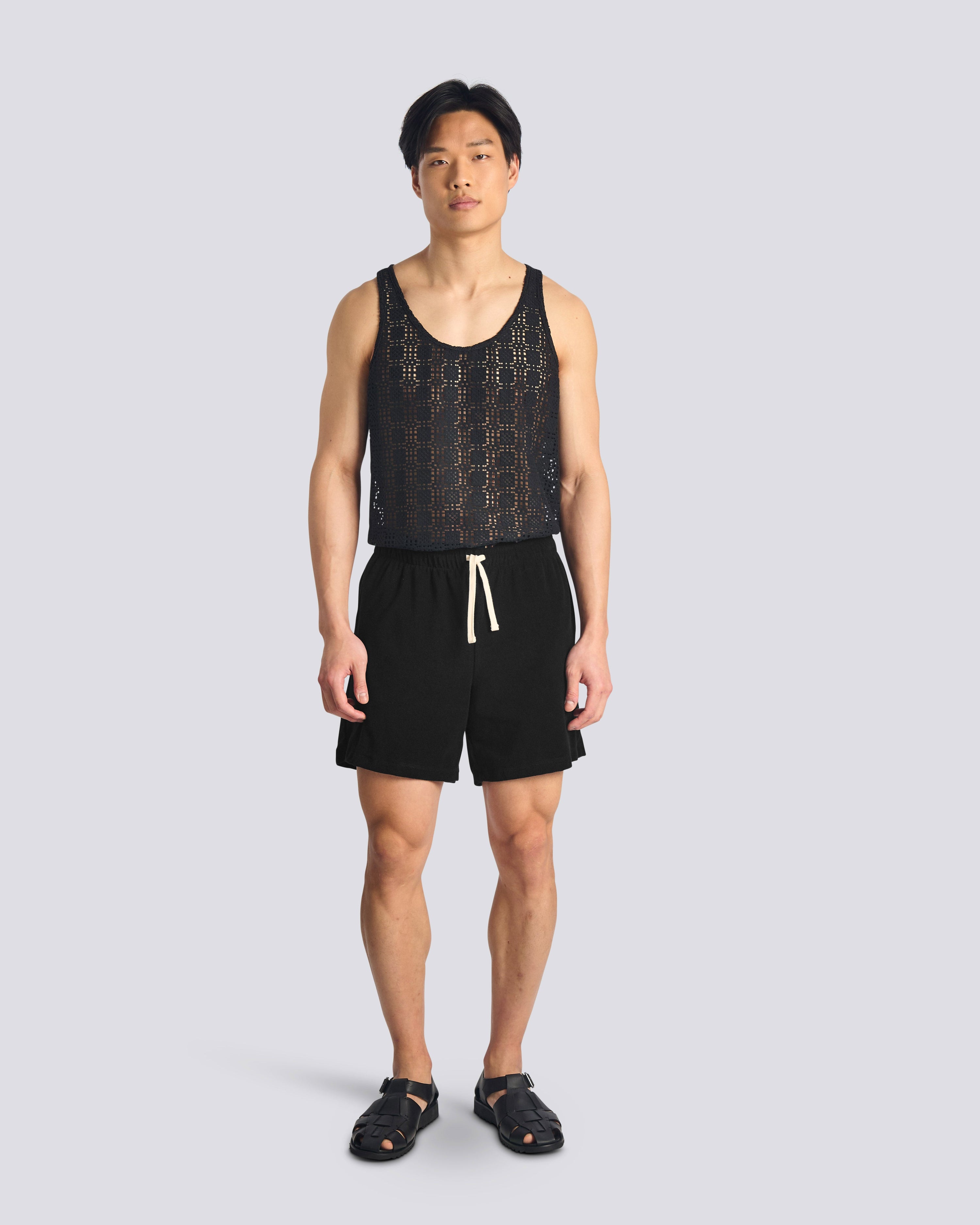 Bather men's black terry tour short with drawstring on model on white background
