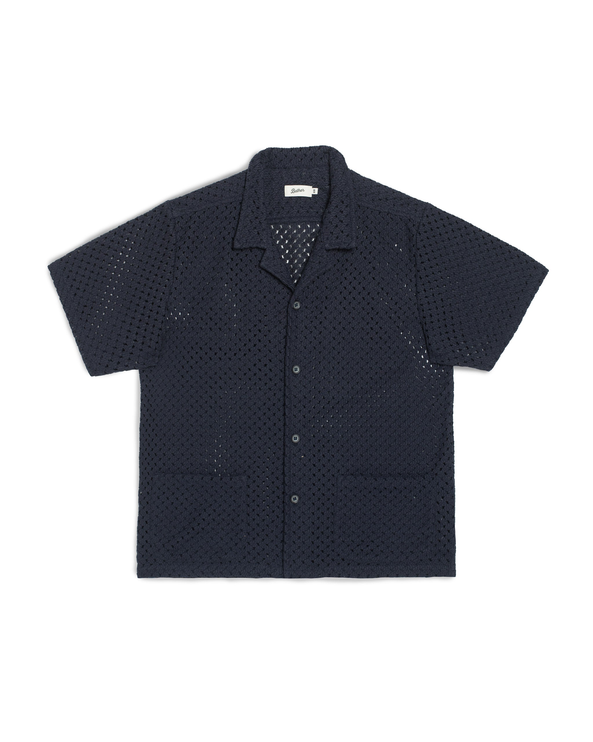 Navy short-sleeve shirt with a subtle pattern on a white background
