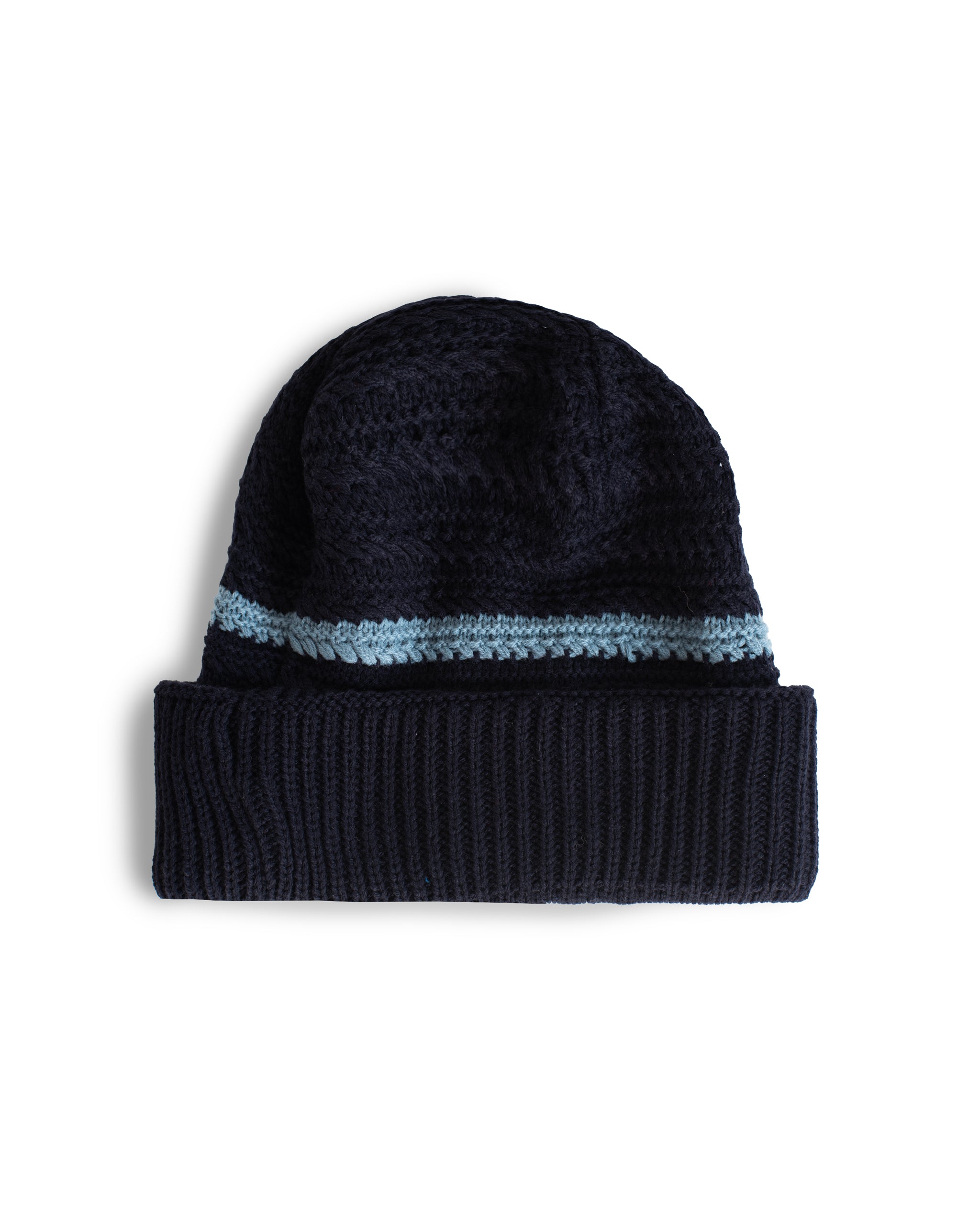 Knit navy Bather beanie with light blue stripe and double lined band 