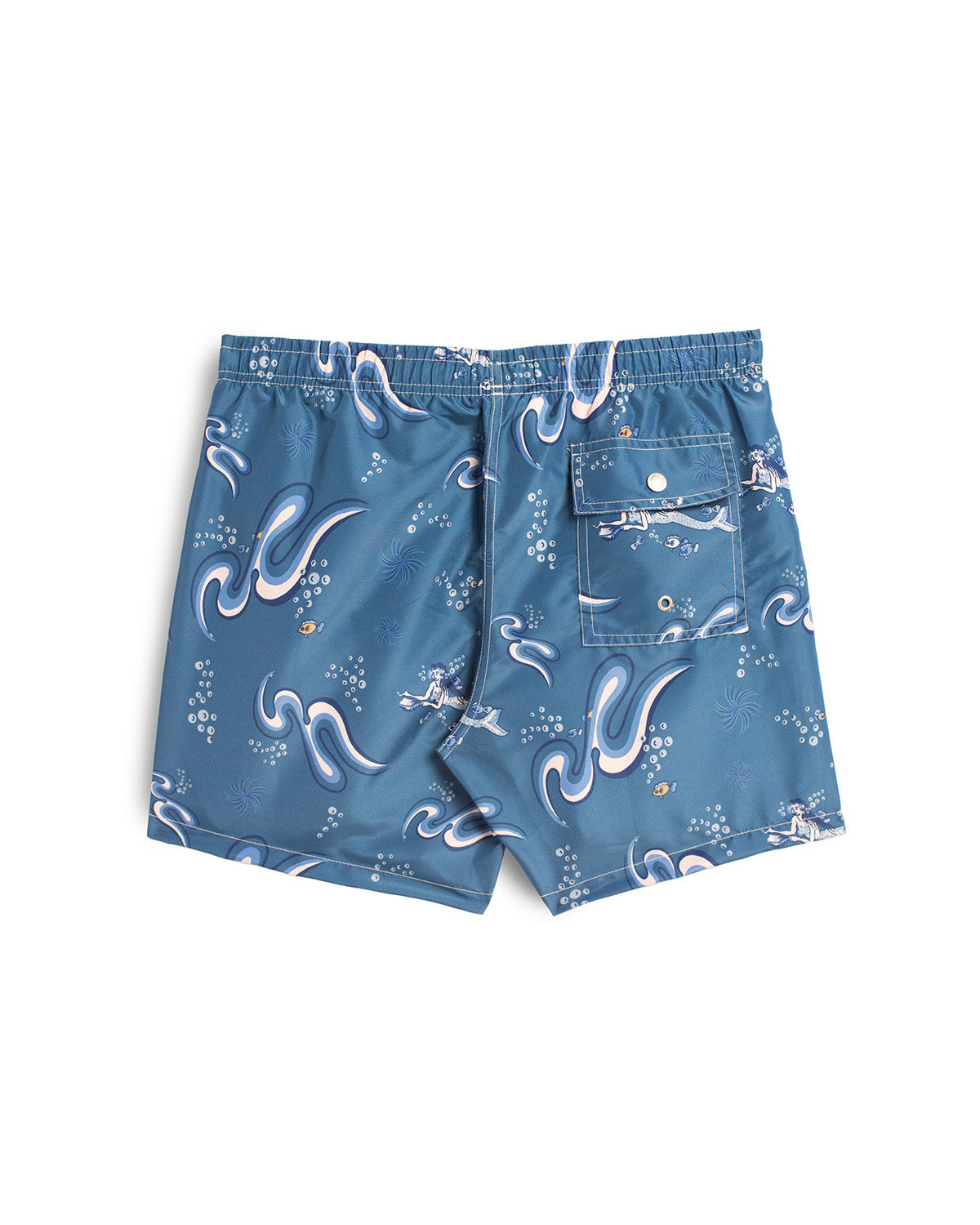 Back view of Bather swim trunk with siren pattern 