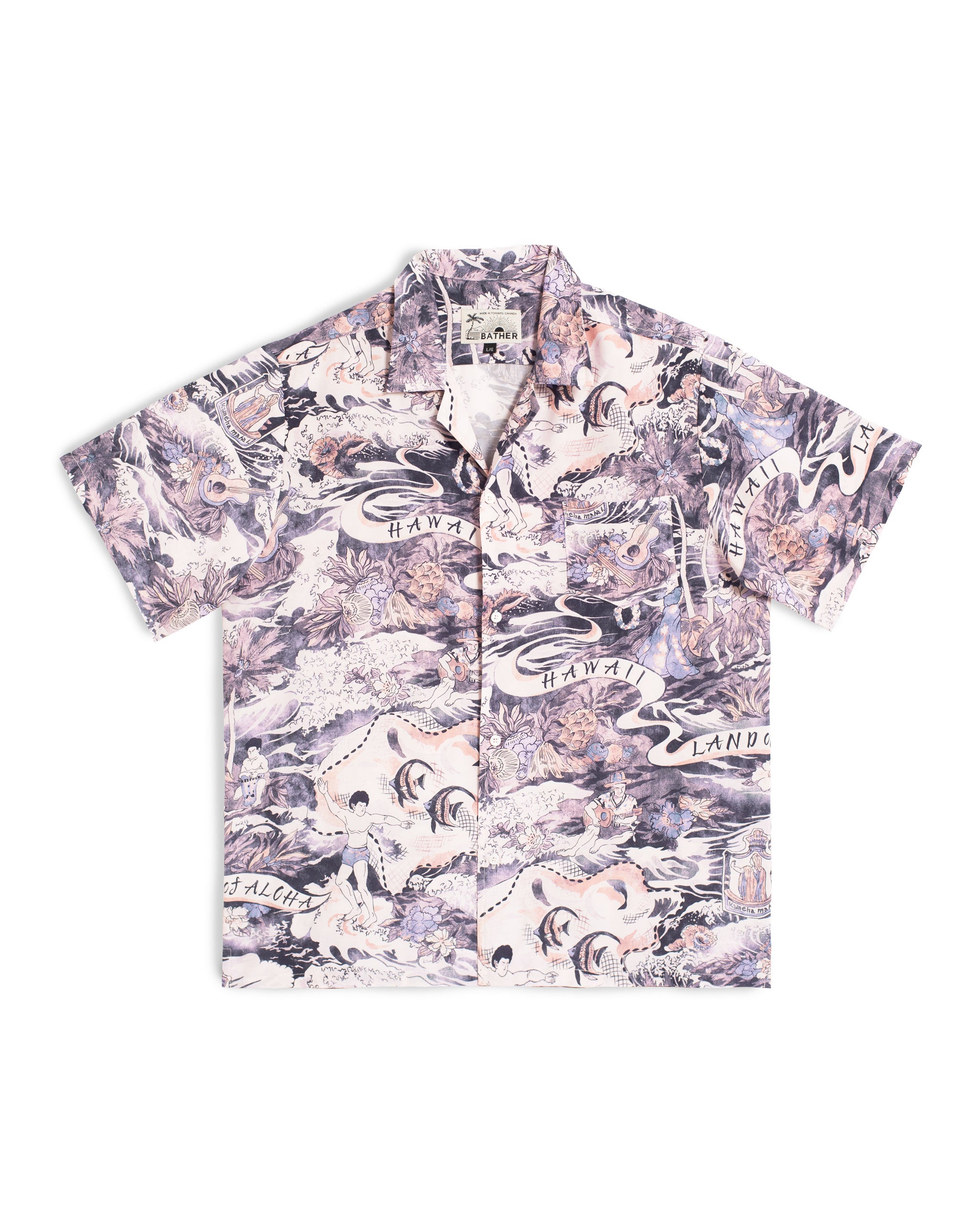Short-sleeve shirt with floral and text pattern on a white background