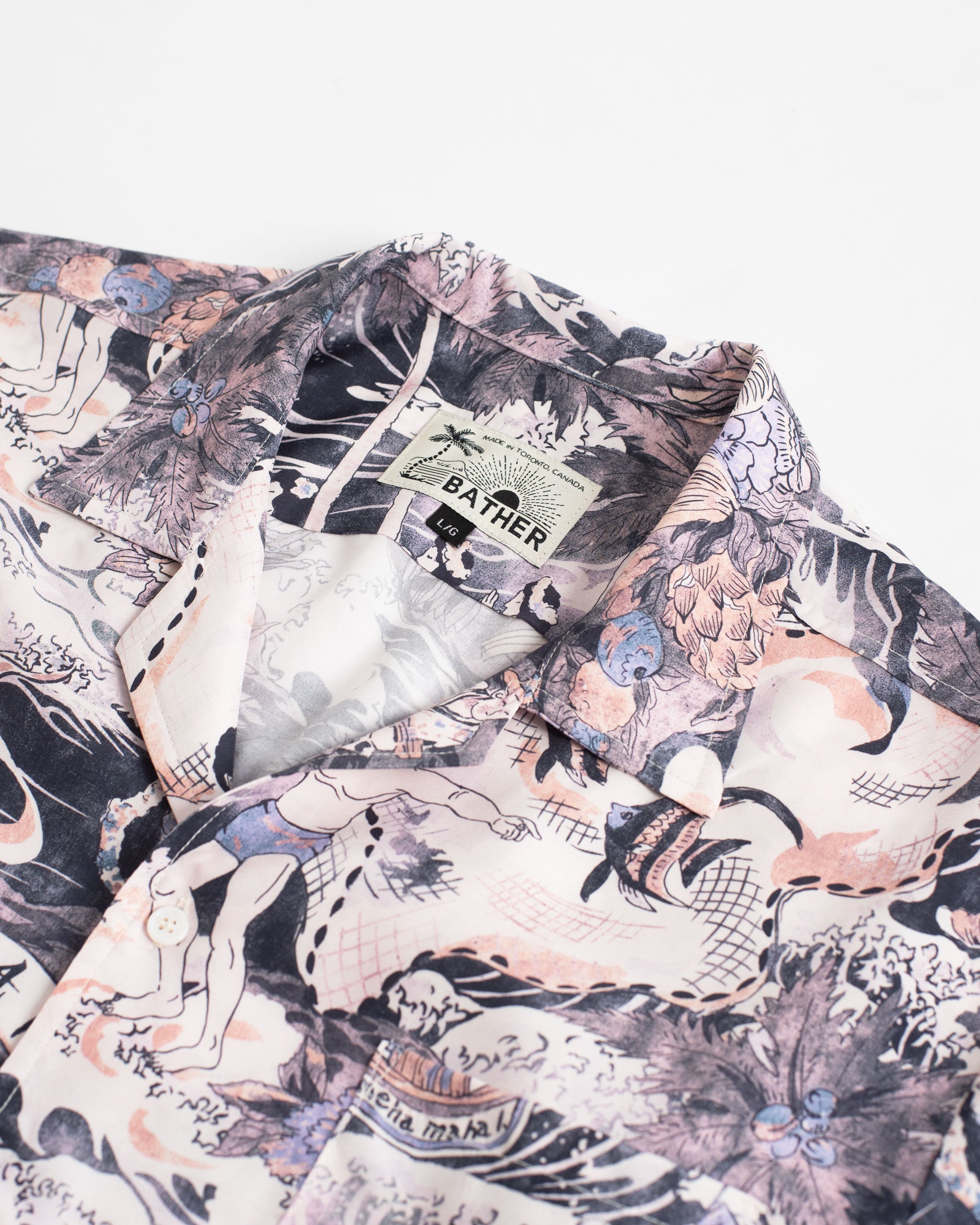 close up detail hawaiian shirt camp collar all over print