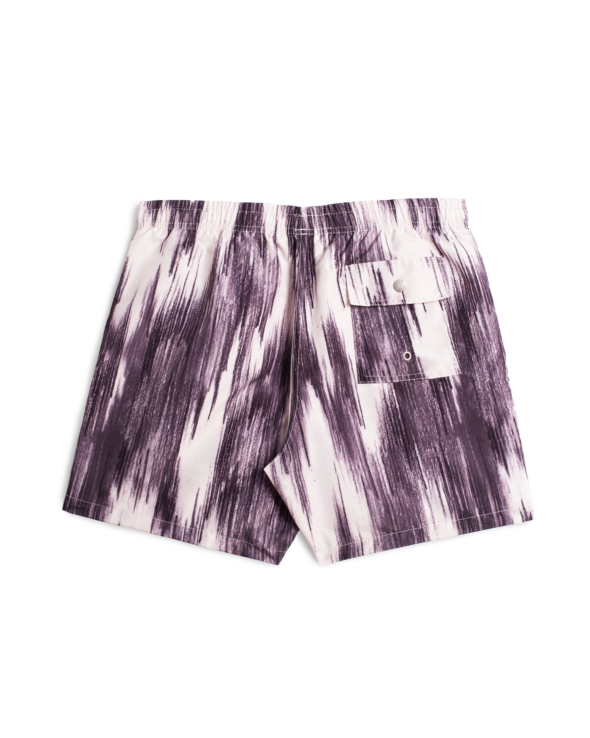 back view of purple and white Bather swim trunk with a color clashing pattern
