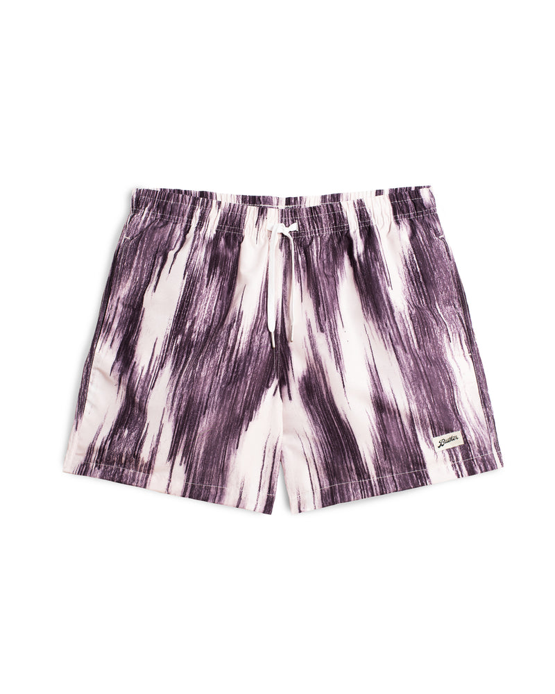 purple and white Bather swim trunk with a color clashing pattern