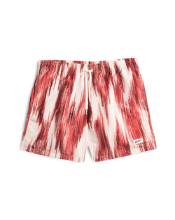 red and white Bather swim trunk with a color clashing pattern