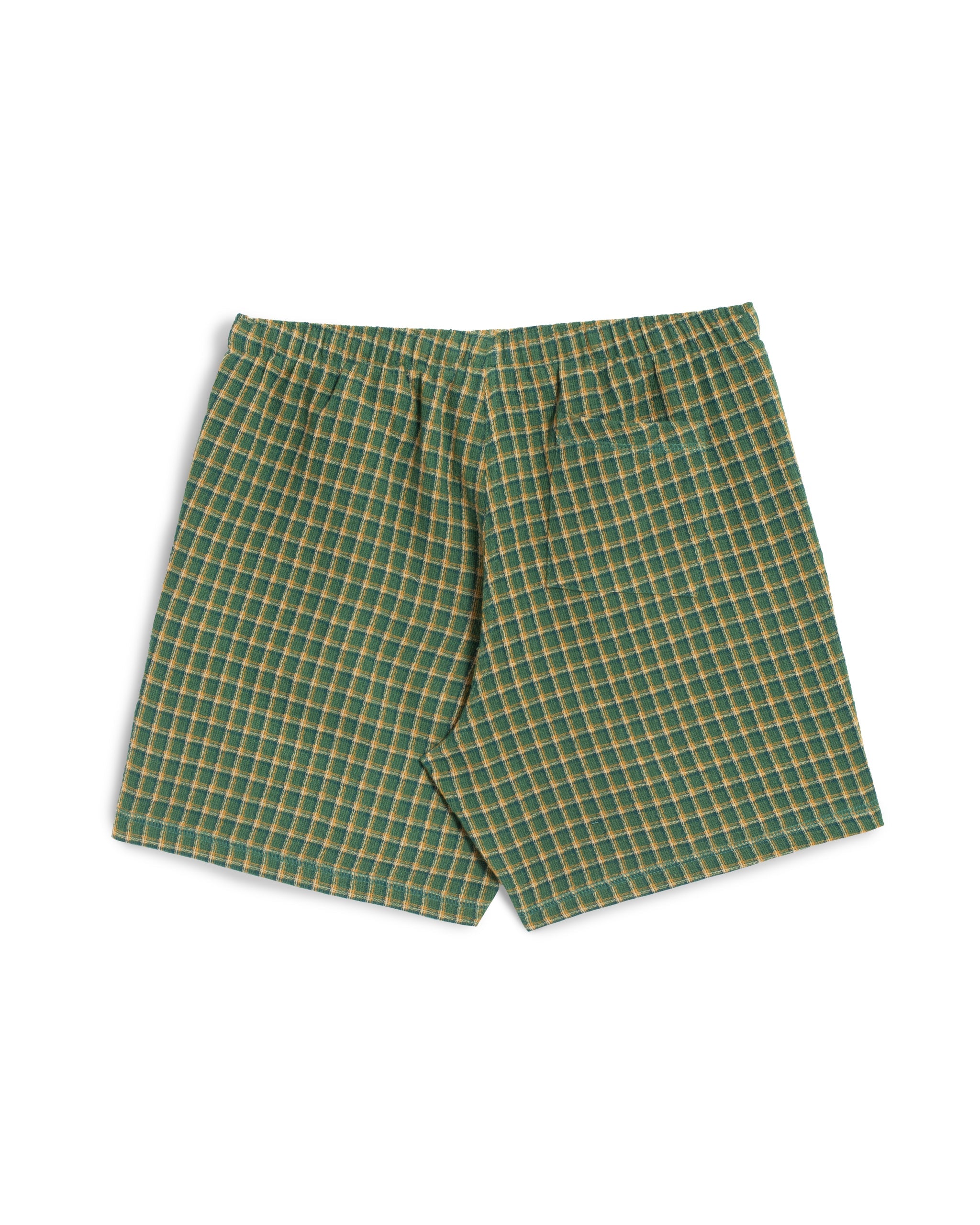 Rear view of Bather men's green and yellow checkered drawstring shorts with back pocket