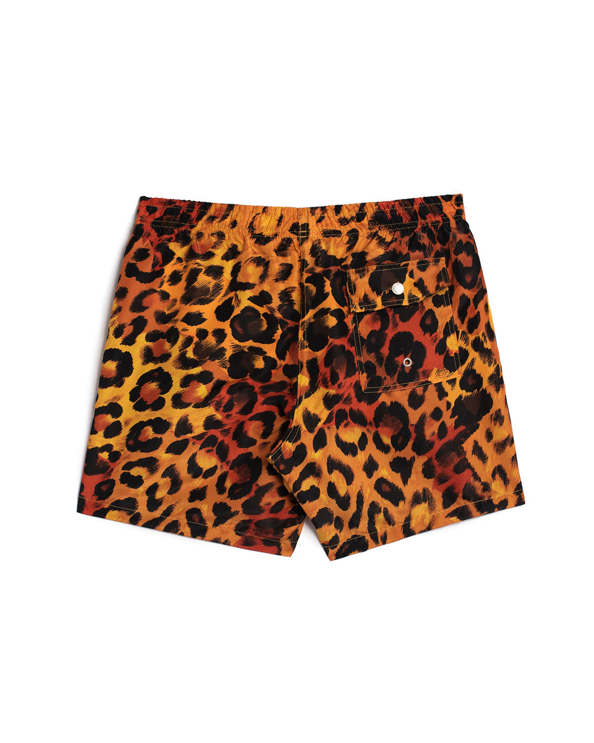 back view of orange Bather swim trunk with a black leopard pattern 