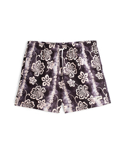 purple and white tie dye Bather swim trunk with beige hawaiian tropical floral pattern 
