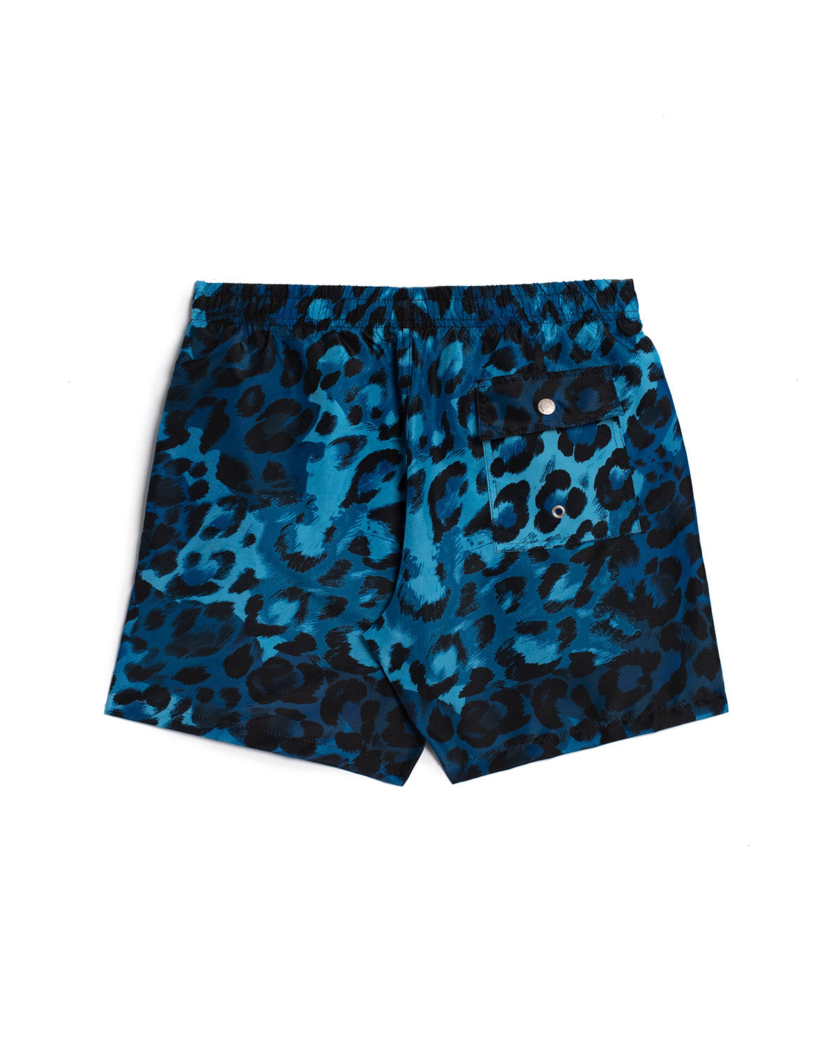 back view of blue Bather swim trunk with black leopard pattern