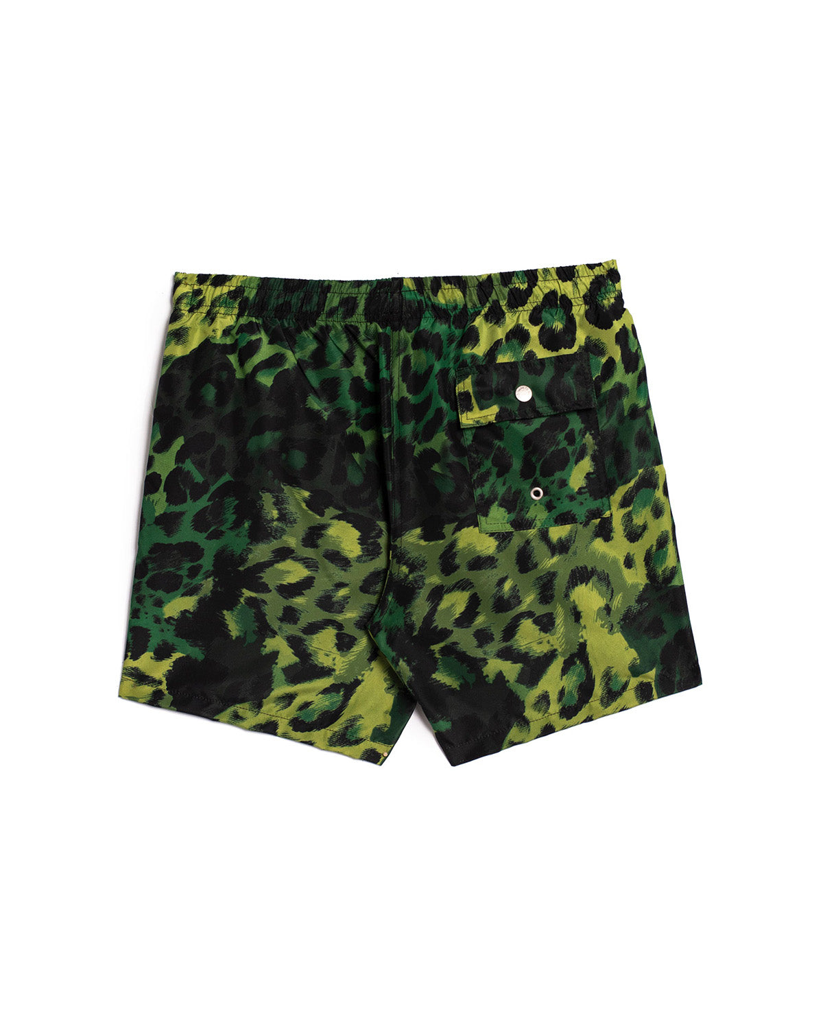 back view of green Bather swim trunk with black leopard pattern