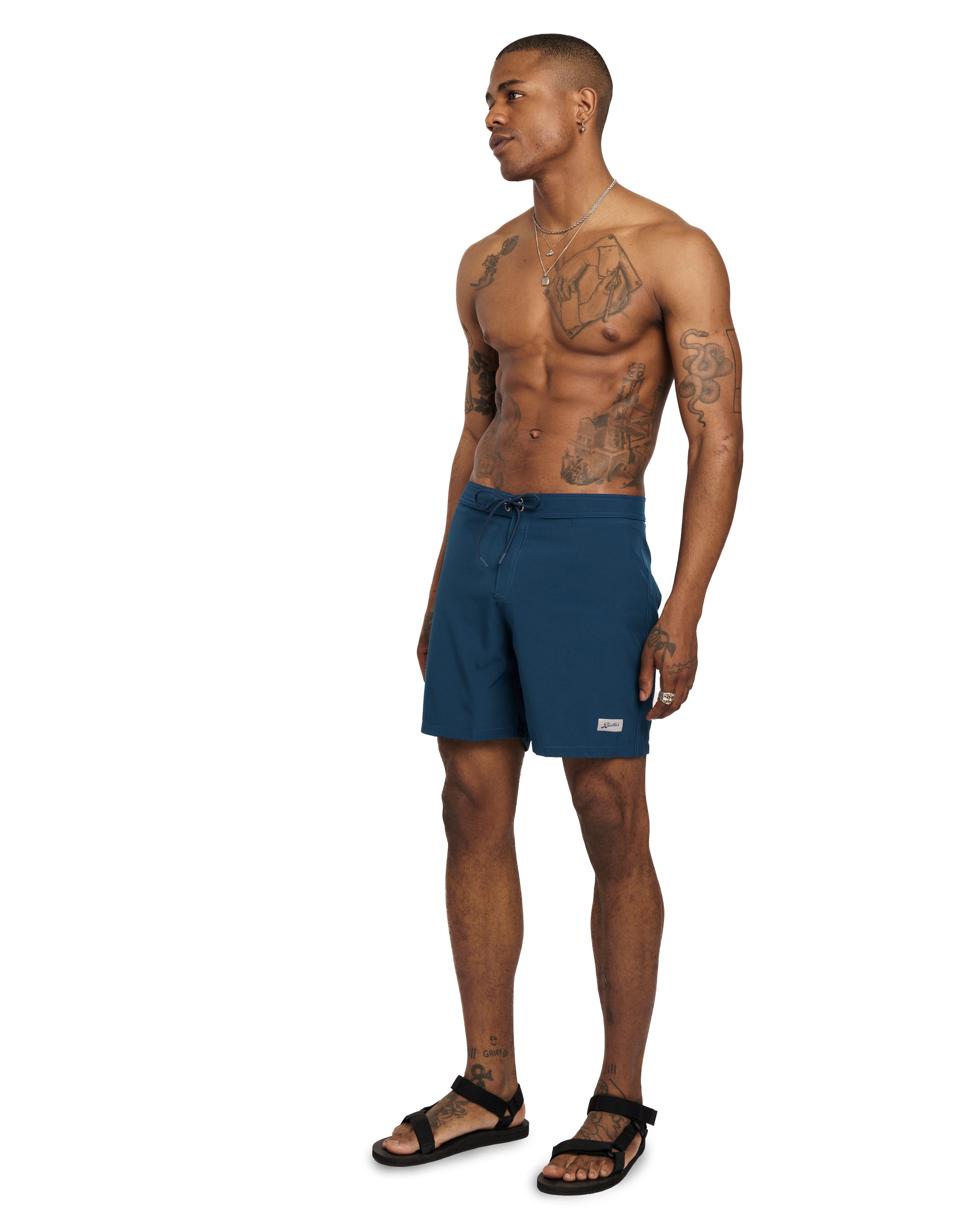 navy Bather technical surf trunk on model