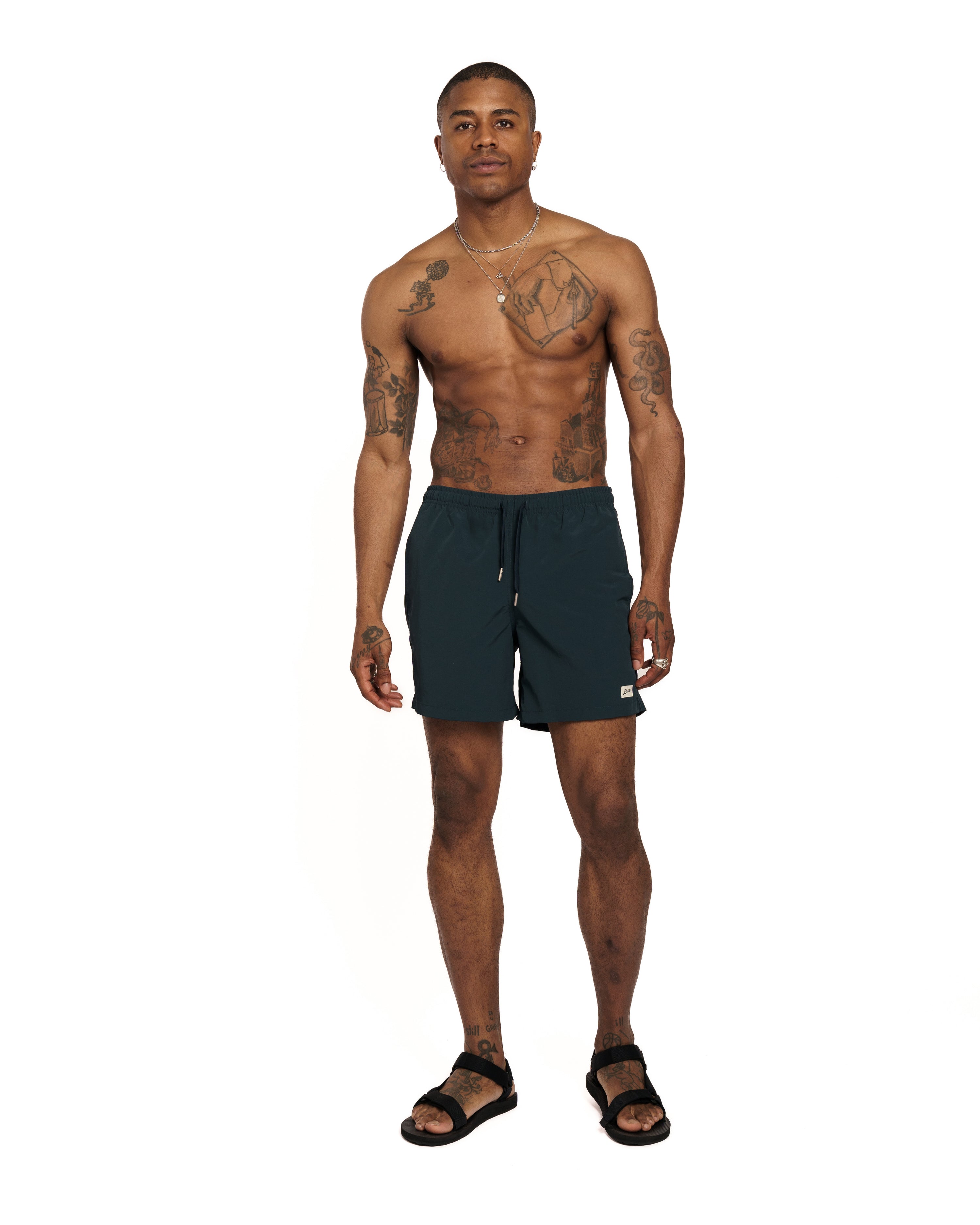 On Model View of Solid Navy Bather Swim Trunk