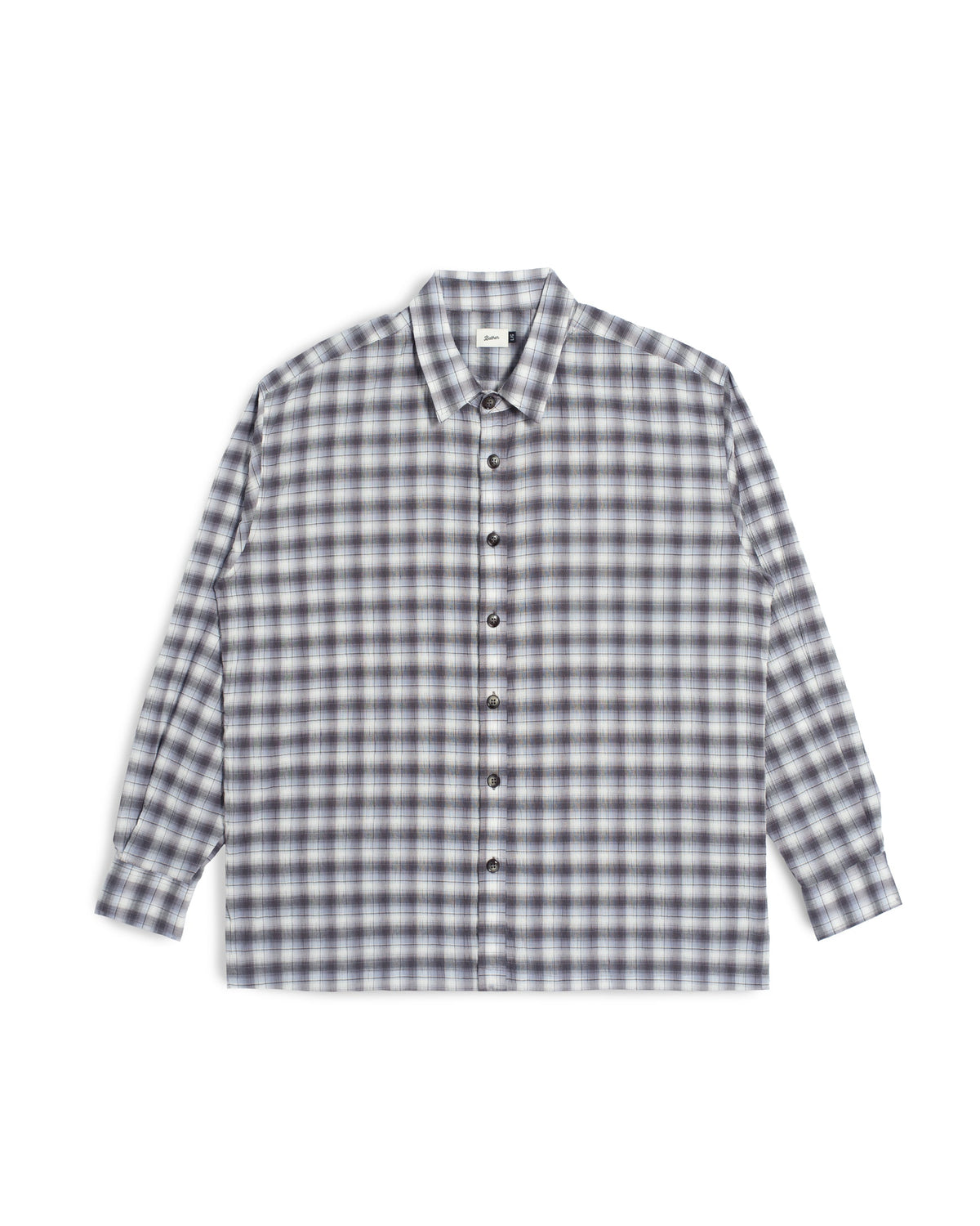 A long-sleeve button-up shirt with a gray and white windowpane plaid pattern, laid flat against a white background.