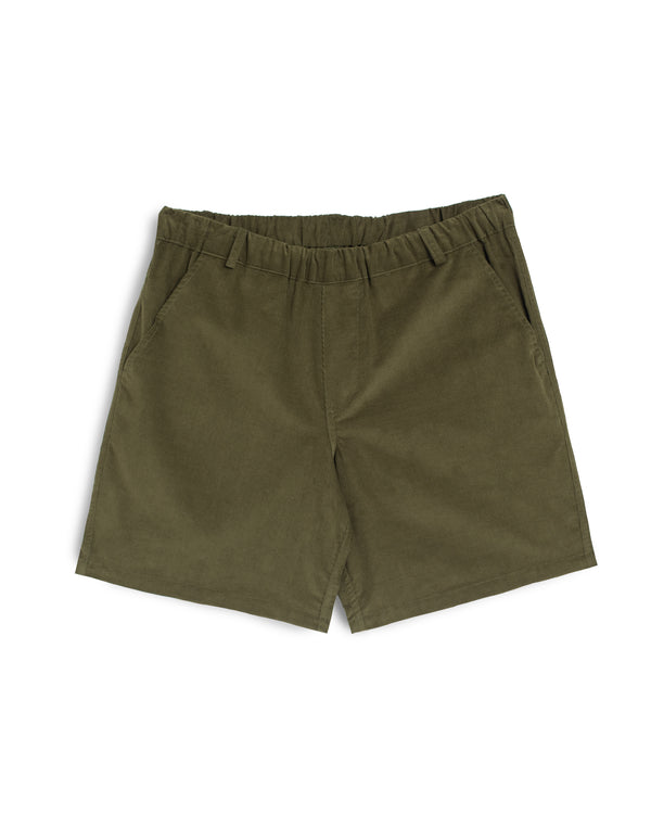 olive green Bather corduroy shorts with elastic waistband and belt loops