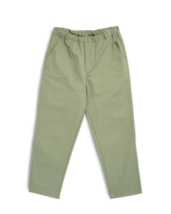 sage green Bather trouser with hidden elastic waistband and belt loops