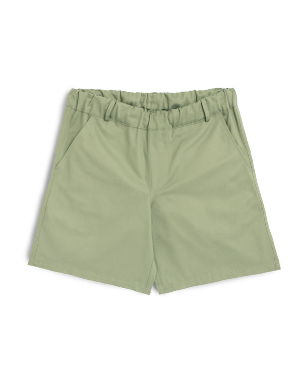 sage green Bather leisure short with elastic waistband and belt loops