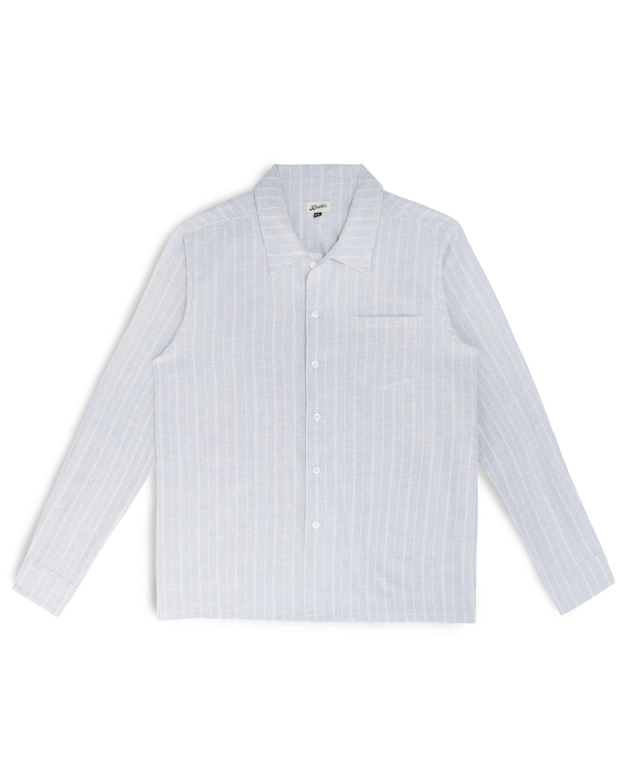 light blue Bather long sleeve button up shirt with white stripes