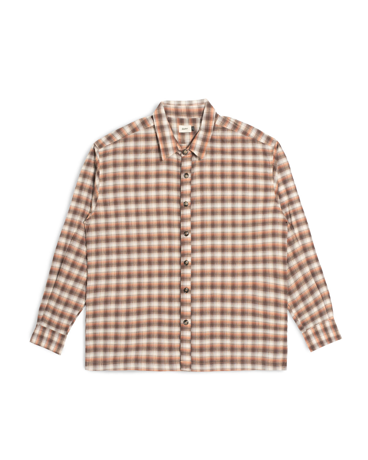A long-sleeve button-up shirt with a brown and beige plaid pattern, laid flat against a white background.