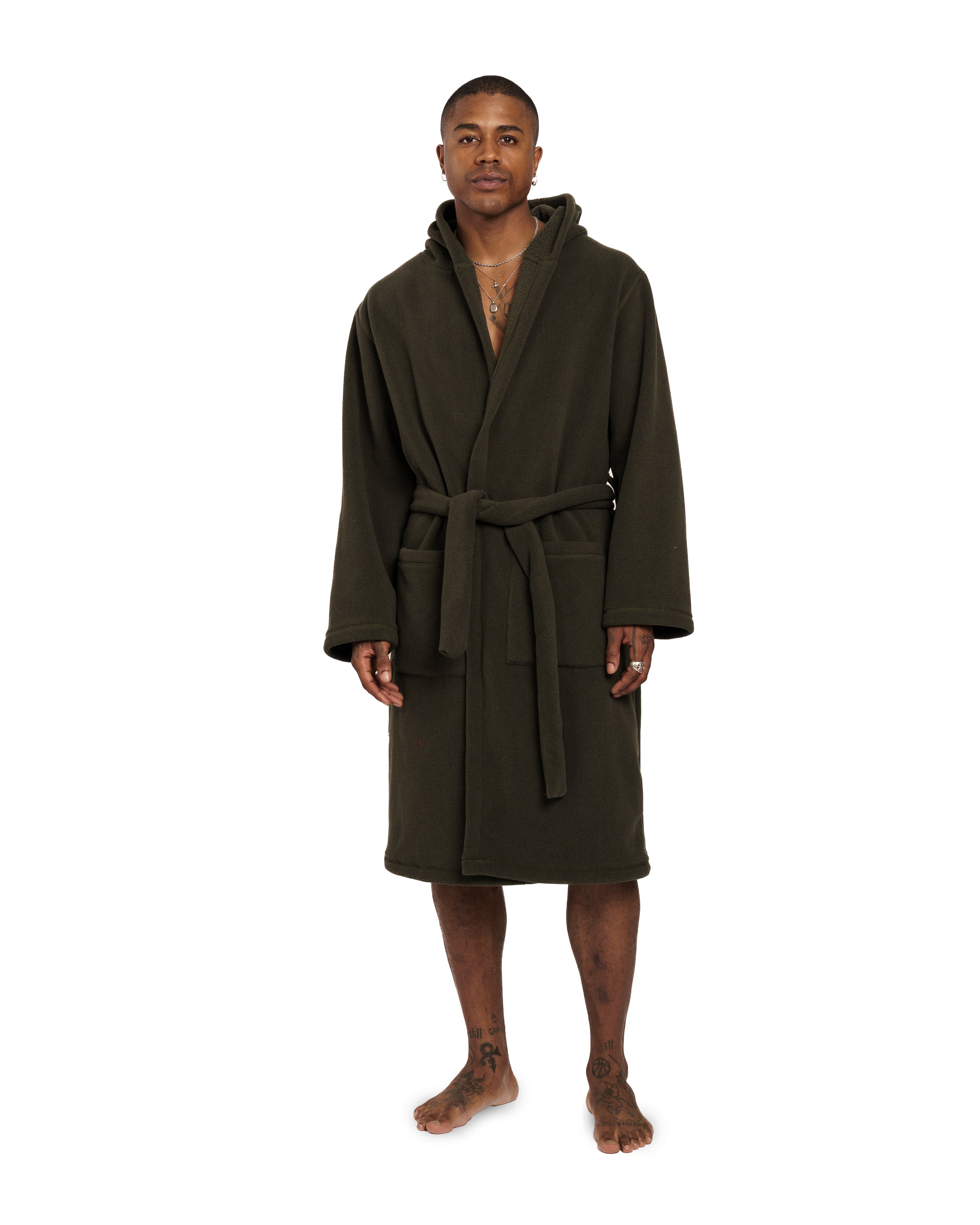 spruce green Bather fleece robe on model