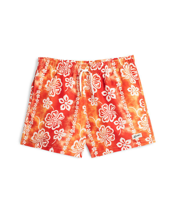 orange tie dye Bather swim trunk with white tropical floral motif