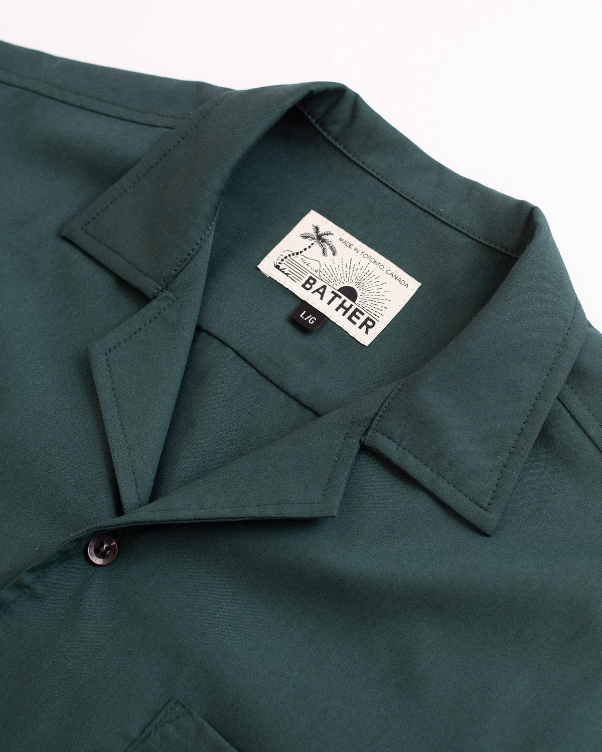 pine green Bather camp shirt close up