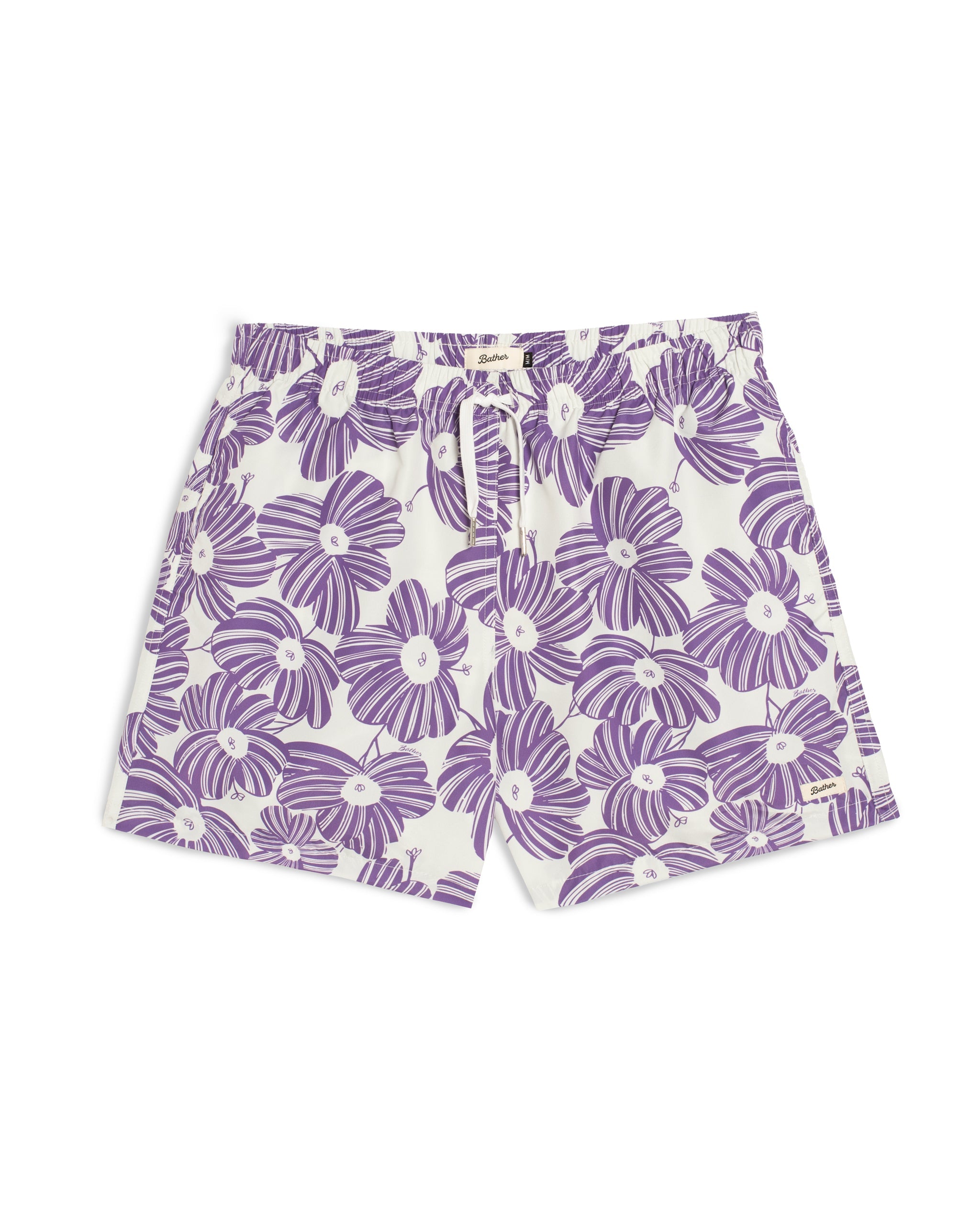 Purple floral patterned shorts on a white background